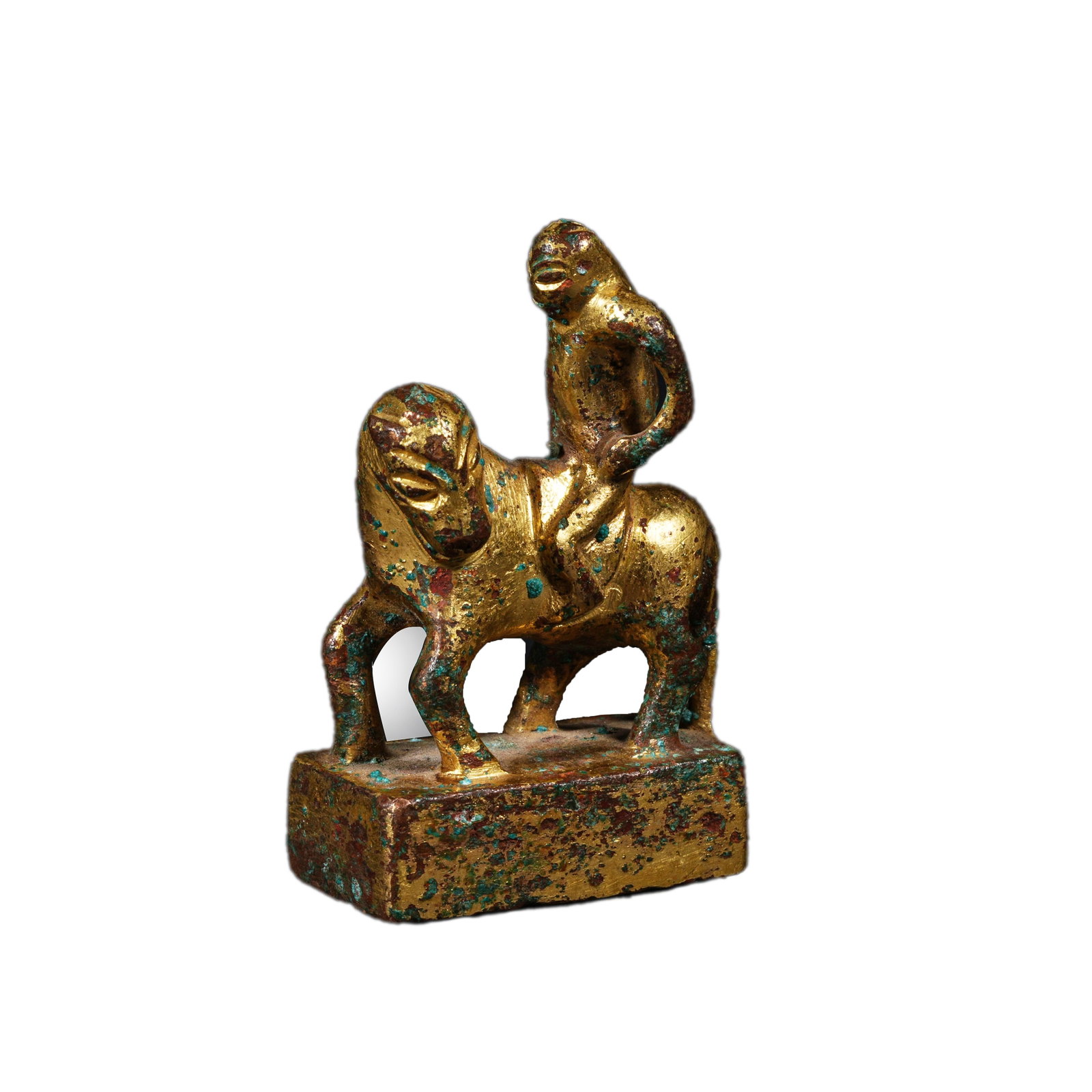 GILT BRONZE SEAL WITH MONKEY ON HORSE MOTIF, HAN DYNASTY: This is a practical official seal for study use dating back to the Han Dynasty, crafted in the design of immediate promotion figure and made by gilt bronze casting. It features a standard square seal 