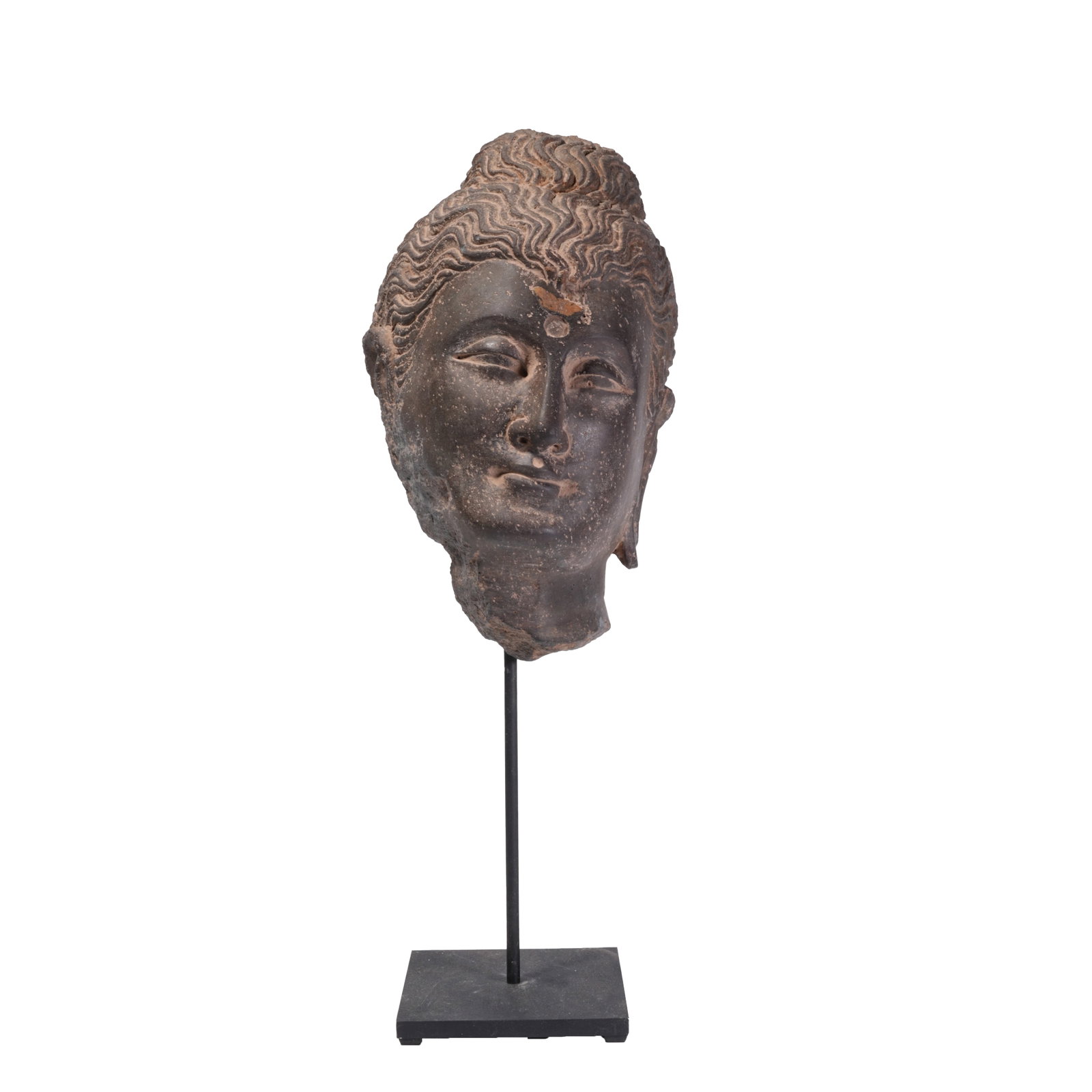 GANDHARA STONE CARVED SAKYAMUNI BUDDHA HEAD: This is a handed-down masterpiece of Gandhara Buddhist art dating back to the 1st to 3rd centuries AD, a Sakyamuni Buddha head sculpture carved from schist. Integrating Greek sculptural styles and Ind