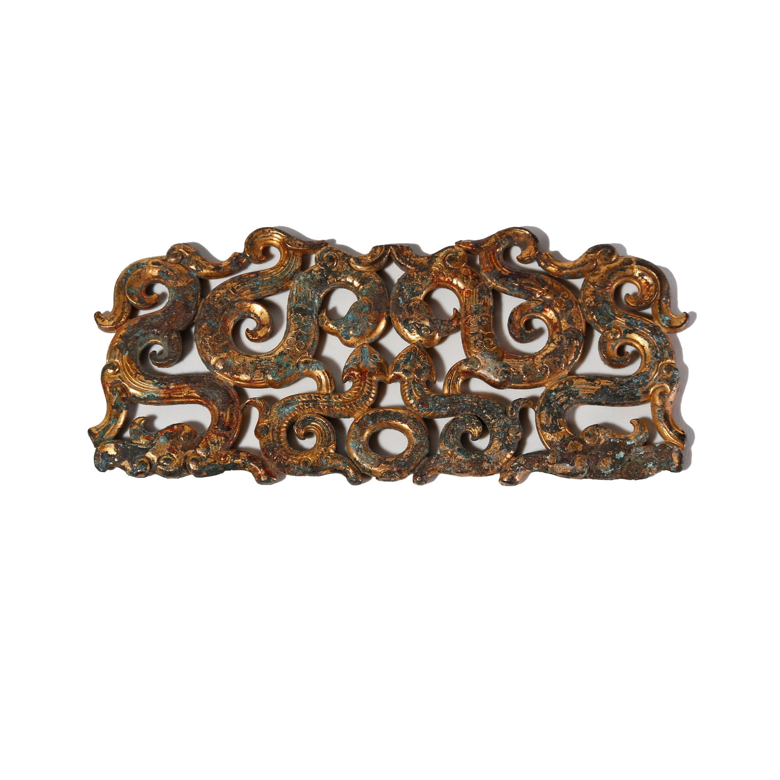 GILT BRONZE DRAGON AND PHOENIX ORNAMENTAL PLAQUE, WARRING STATES PERIOD: This is a gilded hollowed-out bronze ornament from the Warring States Period. It is made of refined bronze as the body and fully gilded. Adopting openwork carving technique, it is decorated with inter