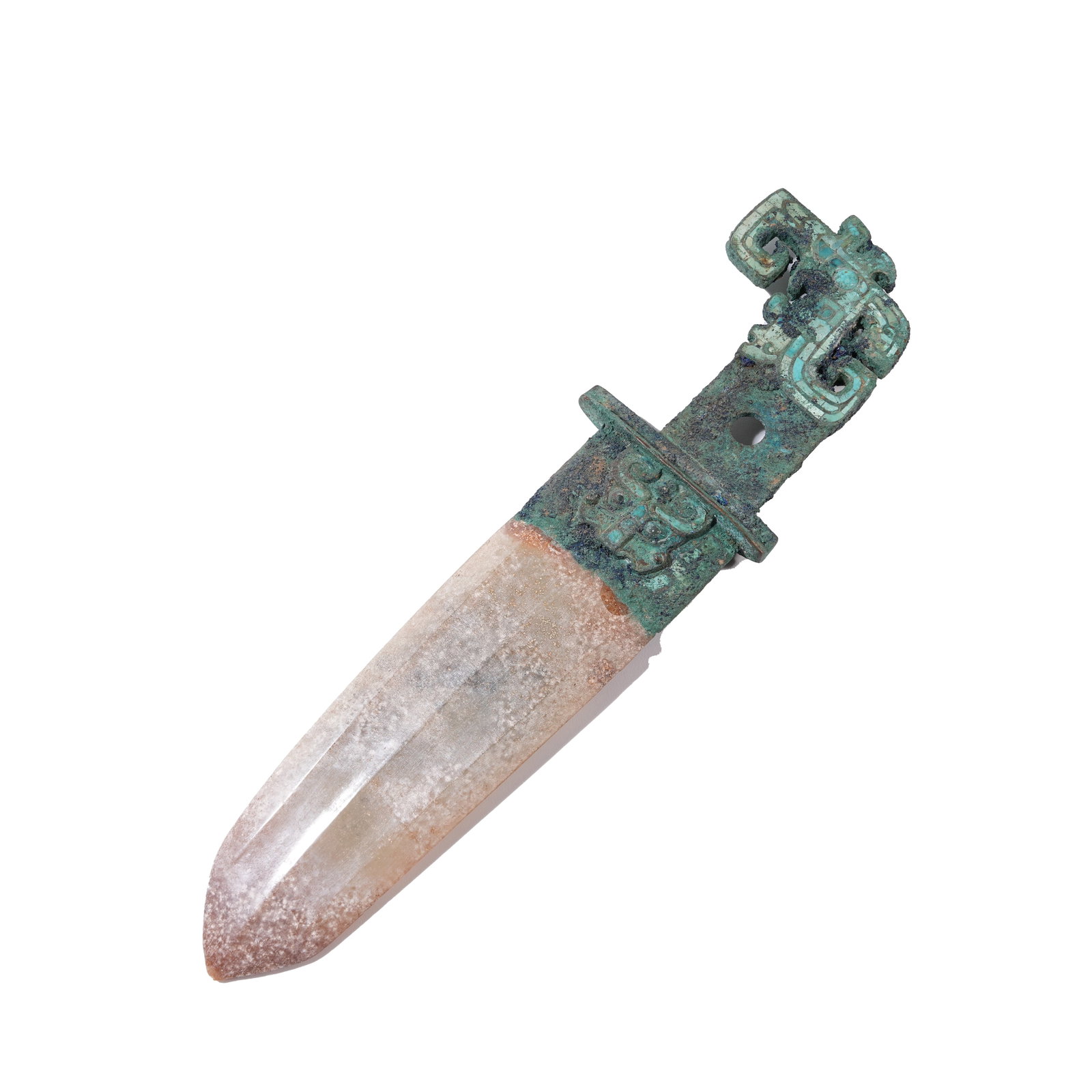 BRONZE GE DAGGER INLAID WITH TURQUOISE AND JADE BLADE, SHANG DYNASTY (1 of 9)