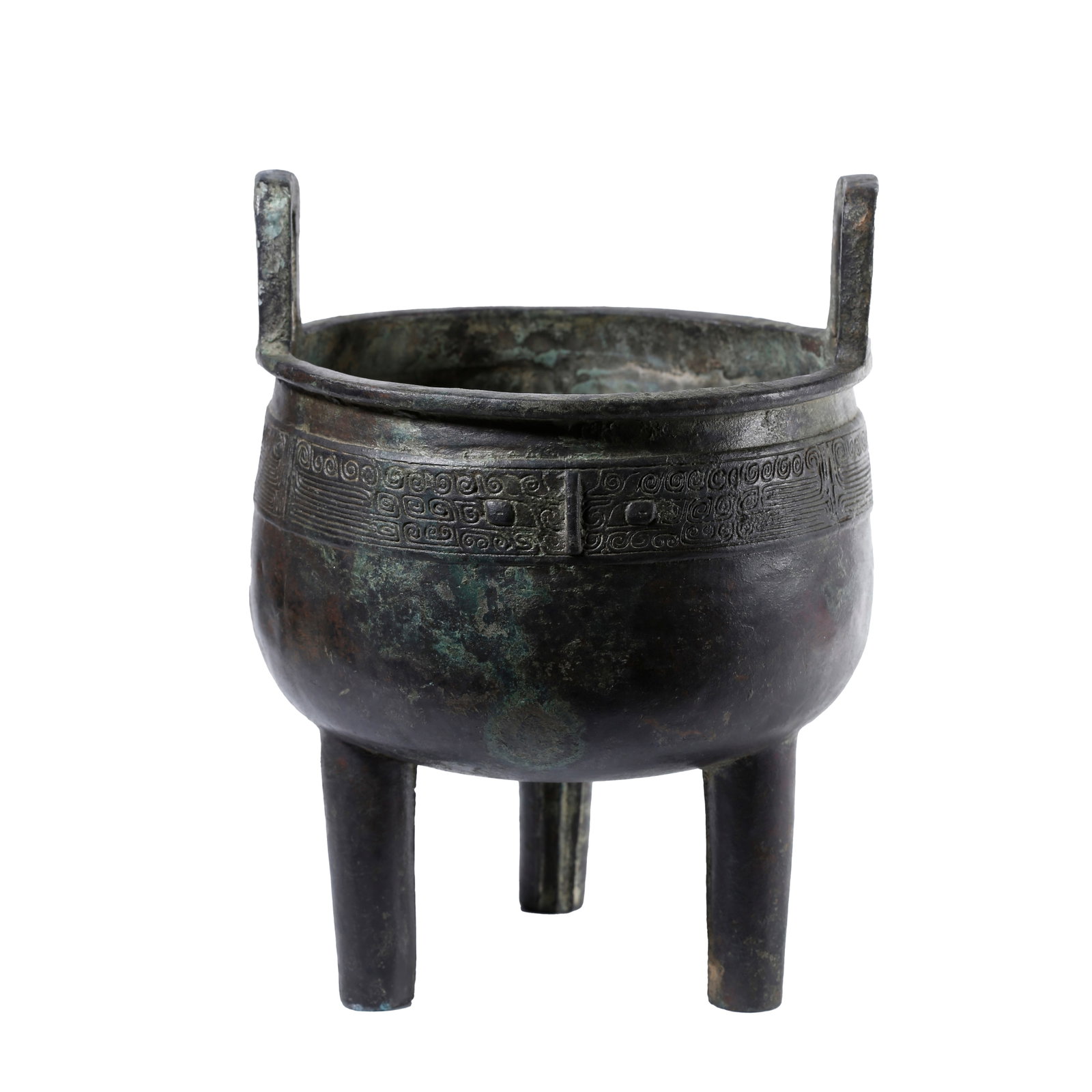 BRONZE TRIPOD DING VESSEL WITH UPRIGHT EARS AND BEAST MASK PATTERN, SHANG DYNASTY (1 of 10)