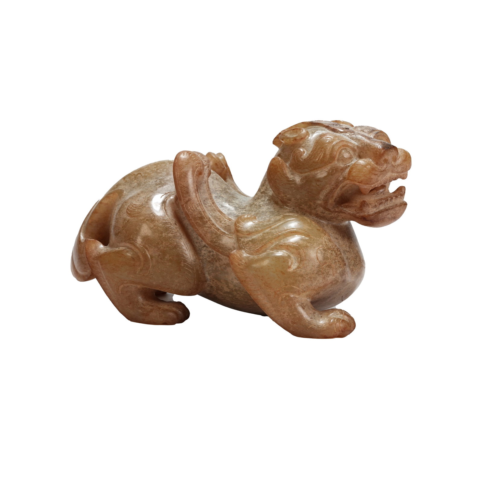 JADE PIXIU ORNAMENT, HAN DYNASTY: Ancient Han Dynasty jade auspicious beast carved from superior Hotan jade presents an overall ochre brown hue. The jade is fully aged by natural infiltration with thick mellow patina, covered with nat