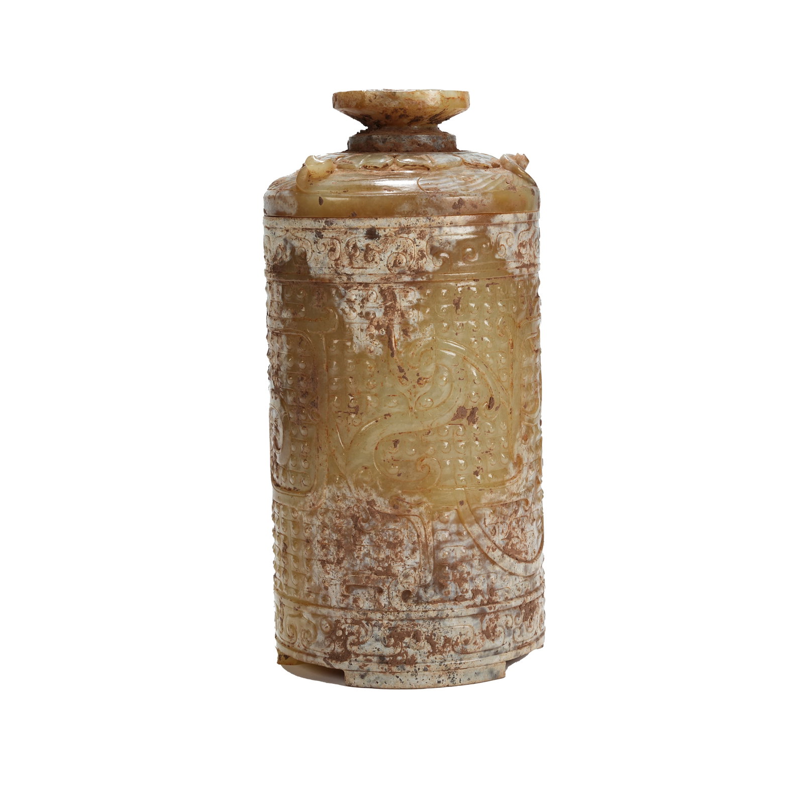 WHITE JADE COVERED ZUN VESSEL WITH DRAGON PHOENIX AND GRAIN NAIL PATTERN, HAN DYNASTY (1 of 10)