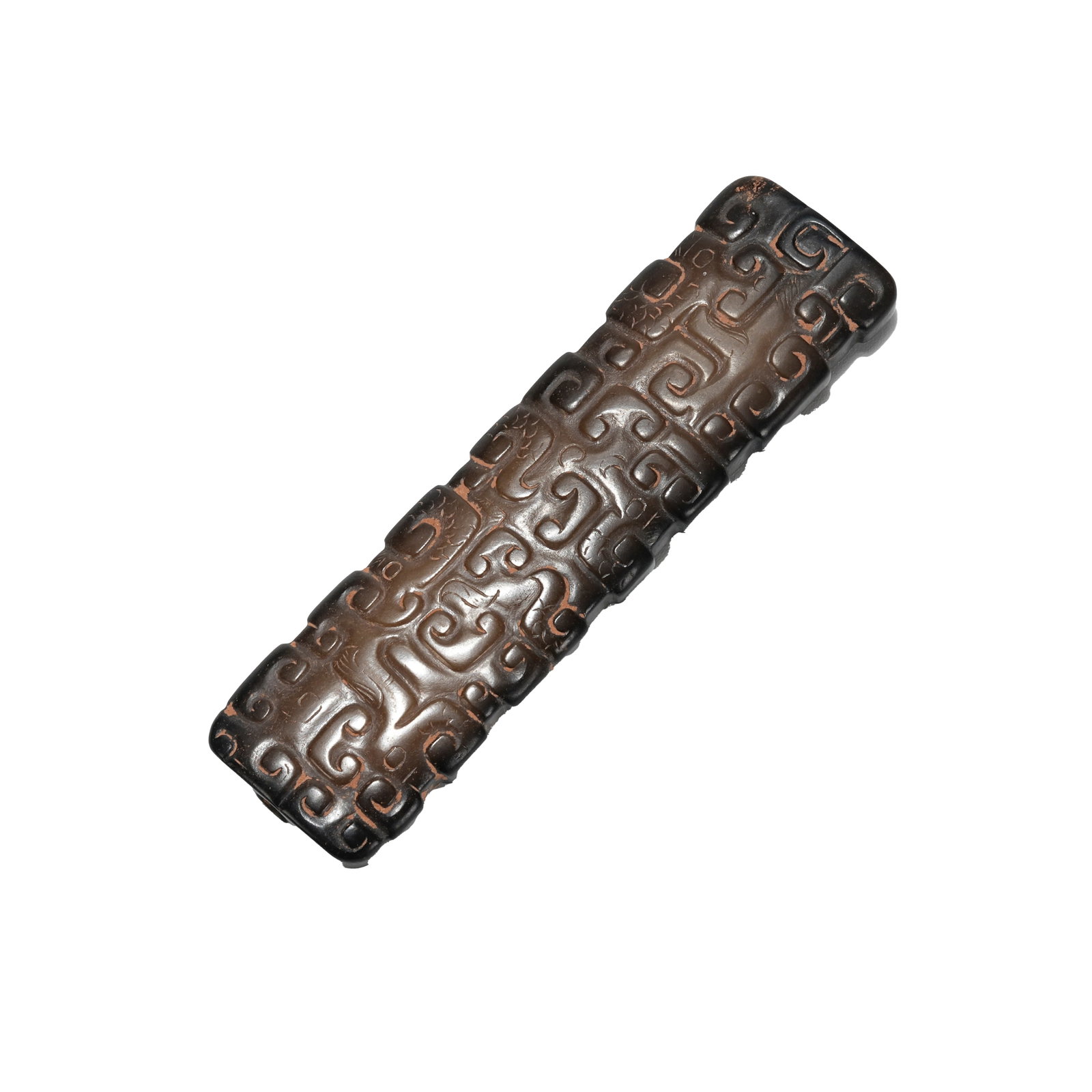 CLOUD-SCROLL PATTERN JADE CYLINDER, SPRING AND AUTUMN PERIOD: A typical jade cylinder pendant of the Spring and Autumn Period is covered with ancient natural infiltration, featuring thick glossy patina and restrained luster full of antique charm. Elongated in sh