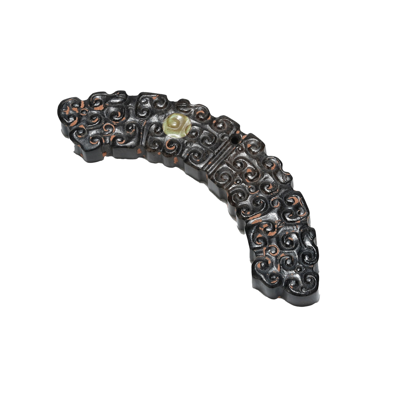 DARK BLACK PATINA JADE HUANG PENDANT, SPRING AND AUTUMN PERIOD: Typical ritual vessel and personal ornament of the Spring and Autumn Period, this jade ornament is entirely covered with jet-black ancient patina with thick aged coating and restrained luster. The tex