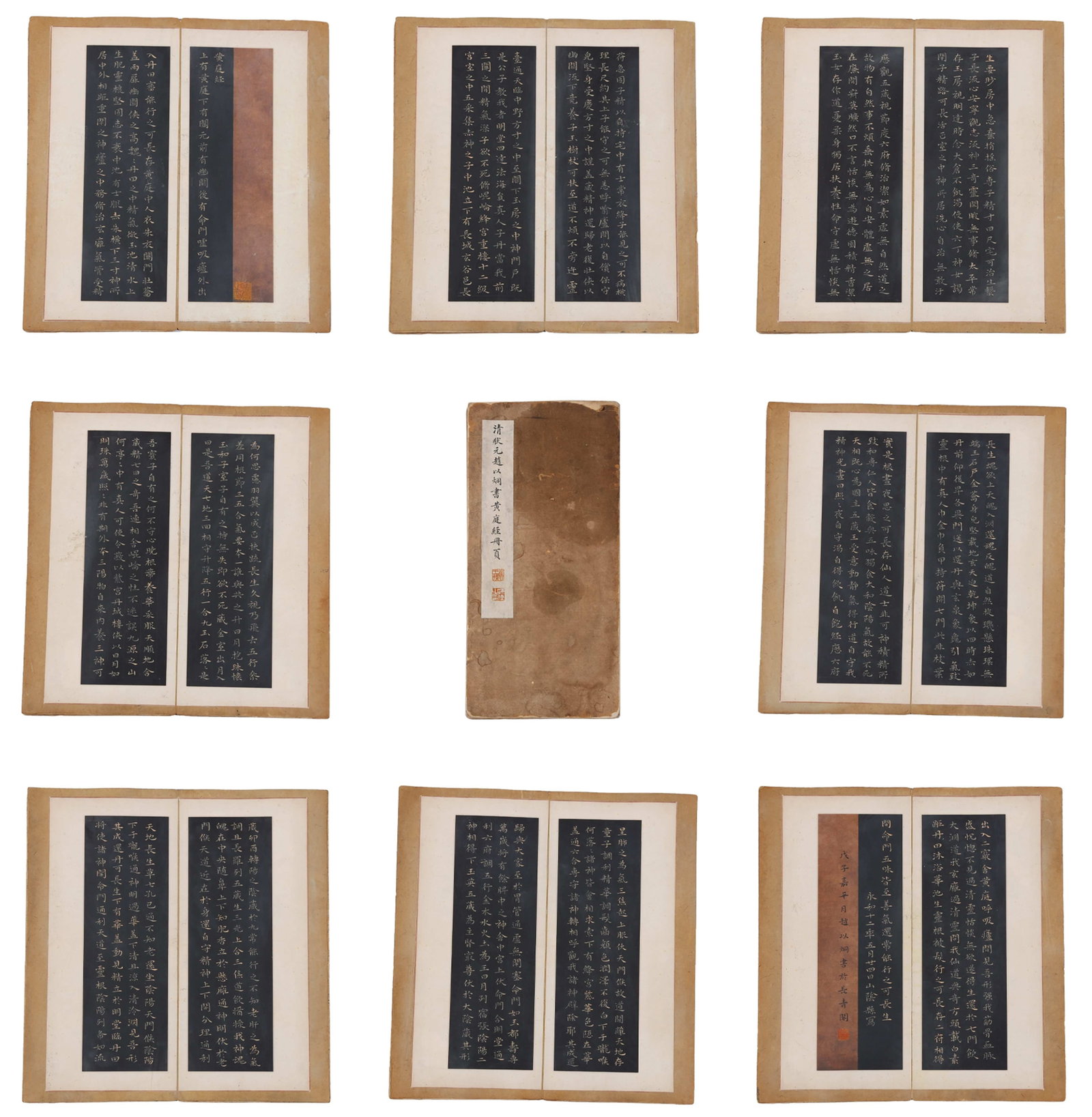 REGULAR SCRIPT ALBUM OF HUANGTING SCRIPTURE BY TOP SCHOLAR ZHAO YIJIONG, QING DYNASTY.赵: This folding album features handwritten Huangting Classic by Zhao Yijiong, the top scholar of the Bingxu imperial examination in the Guangxu reign of the Qing Dynasty. It retains a complete ancient ti