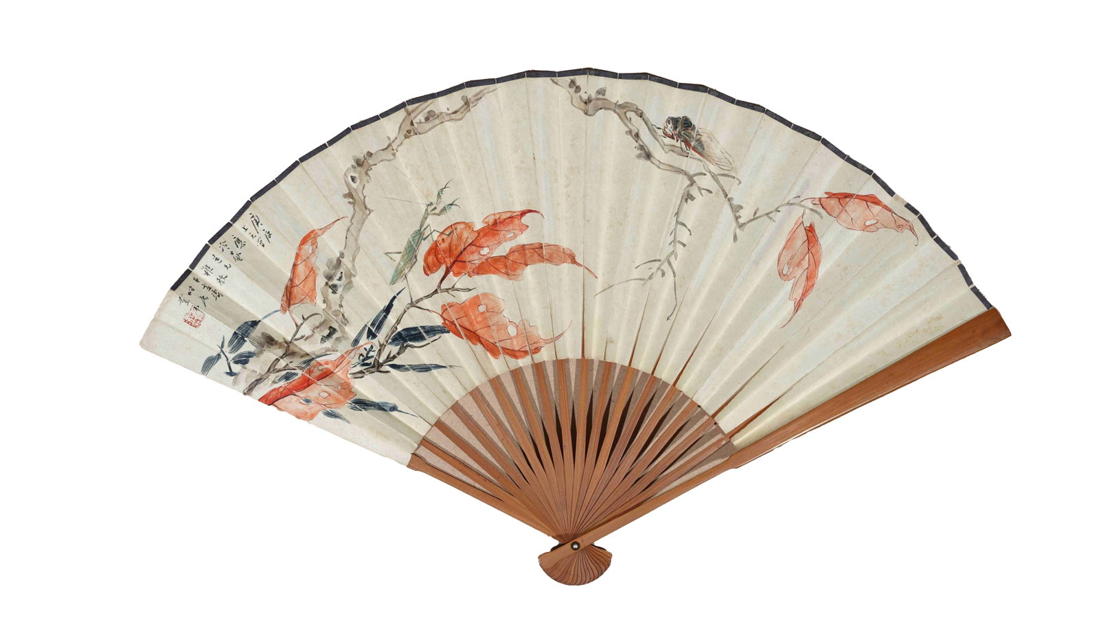 REPUBLIC OF CHINA PAINTED FAN WITH RED LEAVES AND MANTIS CATCHING CICADA BY WANG XUETAO AND RUNNING (1 of 15)
