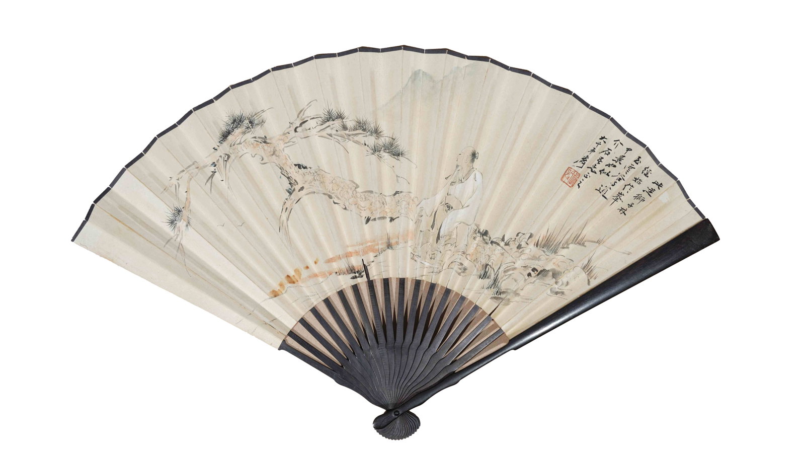 REPUBLIC OF CHINA PAINTED FAN WITH SCHOLAR UNDER PINE TREES BY ZHANG DAQIAN AND RUNNING SCRIPT (1 of 10)