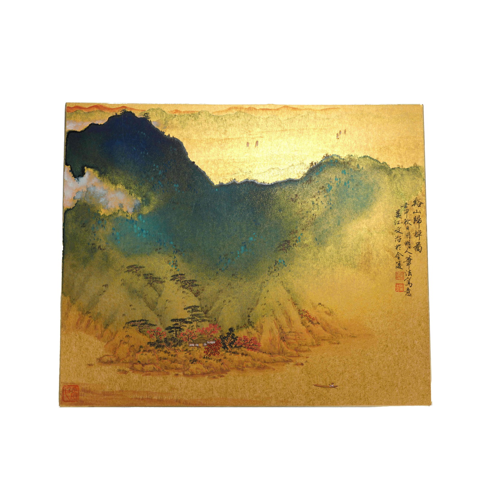SPLASHED-COLOR GOLDEN-FAN PAPER PAINTING RETURNING BOAT AMONG STREAMS AND HILLS BY SONG: This is a fine splash-color landscape painting on golden paper created in his later years by Song Wenzhi, a representative master of the New Jinling Painting School. Completed in the autumn of Renshen