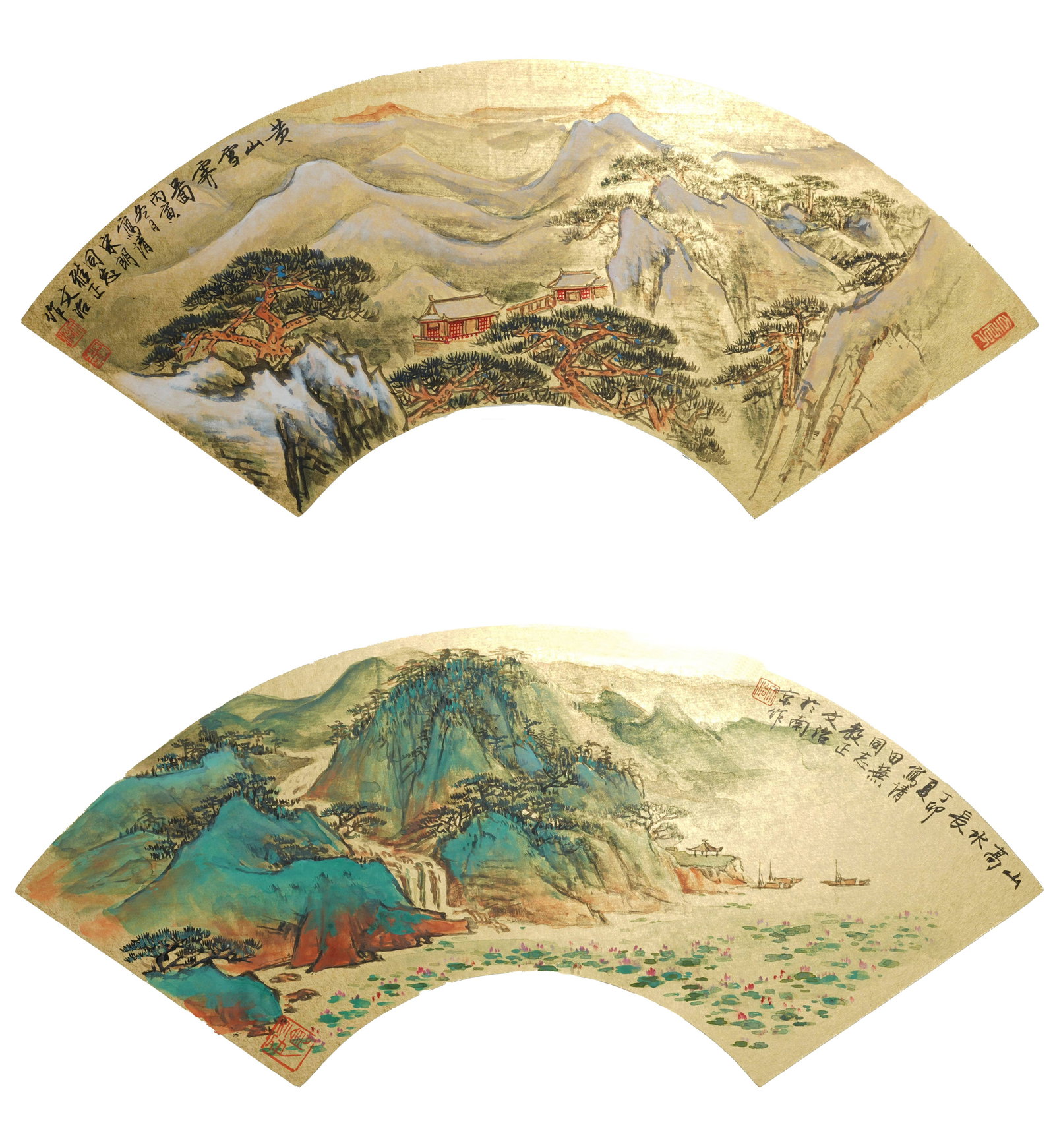 PAIR OF GOLDEN-PAINTED LANDSCAPE FAN PAINTINGS BY SONG WENZHI.宋文治: This is a pair of gilded paper fan landscape paintings created in 1981 by Song Wenzhi, a leading master of the New Jinling School of Painting. One piece depicts the blue-green lakes and mountains in L