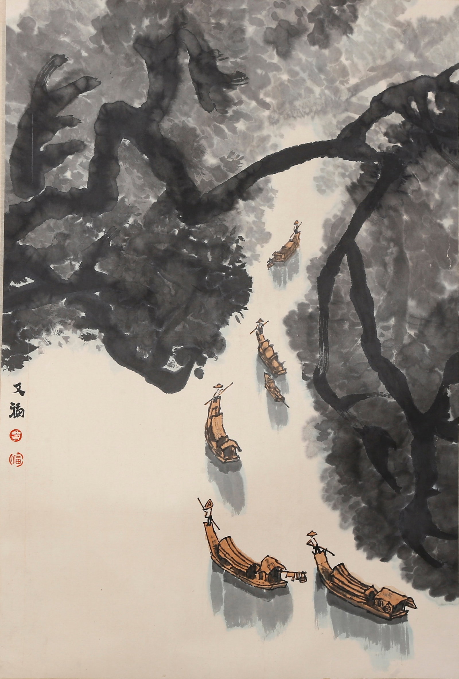 VERTICAL PAPER SCROLL WATER TOWN IN SOUTH OF THE YANGTZE RIVER BY JIA YOUFU.贾又福: Jia Youfu is a distinguished contemporary landscape painter and professor at the Central Academy of Fine Arts. He studied under Li Keran and is adept at depicting landscapes via unrestrained splash in