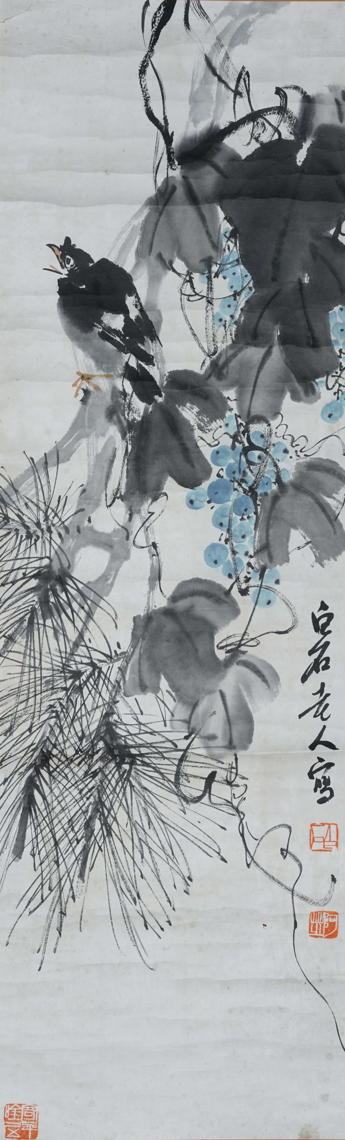 PAPER PAINTING PINES, VINES AND MYNA BIRDS BY QI BAISHI.齐白石 (1 of 9)