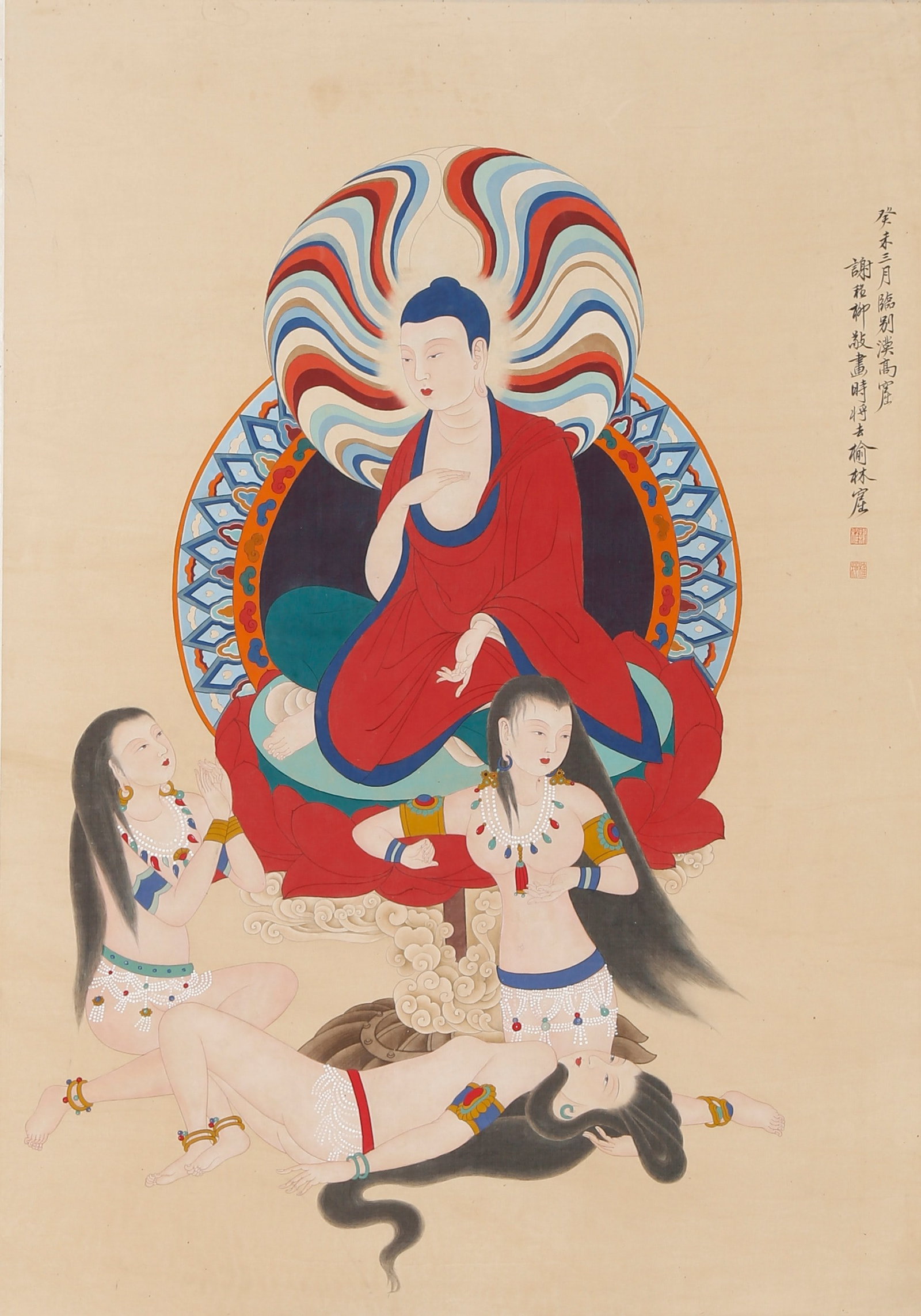 VERTICAL PAPER SCROLL DUNHUANG BUDDHA STATUE BY XIE ZHILIU.谢稚柳: Xie Zhiliu (1910-1997), born in Changzhou, Jiangsu, was a renowned modern painter, calligrapher, painting connoisseur and early researcher of Dunhuang studies. In his early years, he traveled to Dunhu