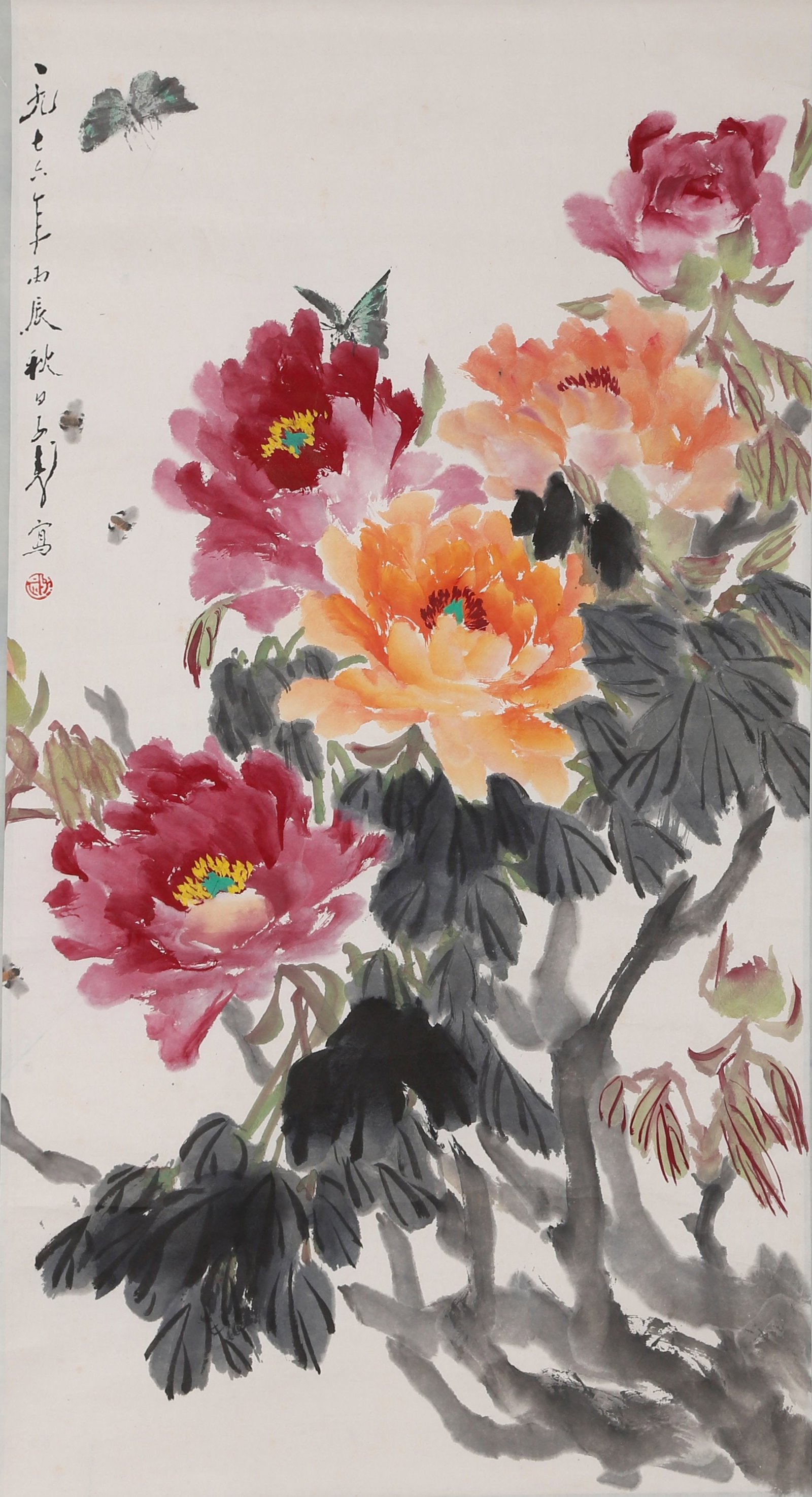 VERTICAL COLORED PAPER SCROLL DOUBLE-LAYERED PEONIES BY WANG ZIWU.王子武: This fine peony painting is a typical masterpiece of freehand flower-and-bird works by Wang Ziwu, a great master of modern traditional Chinese painting. Distinct from the gorgeous peonies typical of S