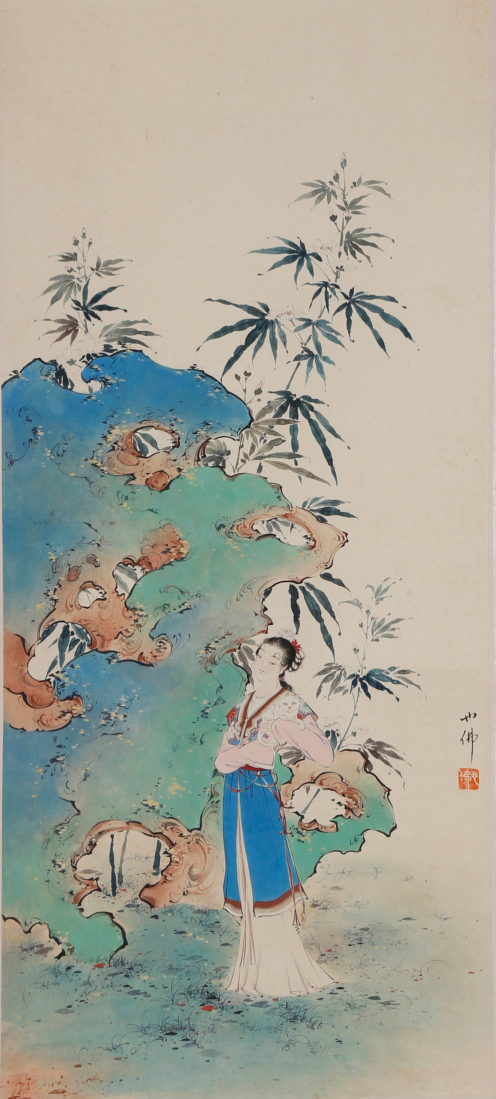 LADIES AND BAMBOOS AND ROCKS COLOR PAPER PAINTING BY HU YEFO.胡也佛: This Beauty amid Bamboos and Rocks is painted by Hu Yefo, a leading master of modern Shanghai-style beauty paintings, a fine meticulous figure work fully presenting the elegant and graceful unique cha