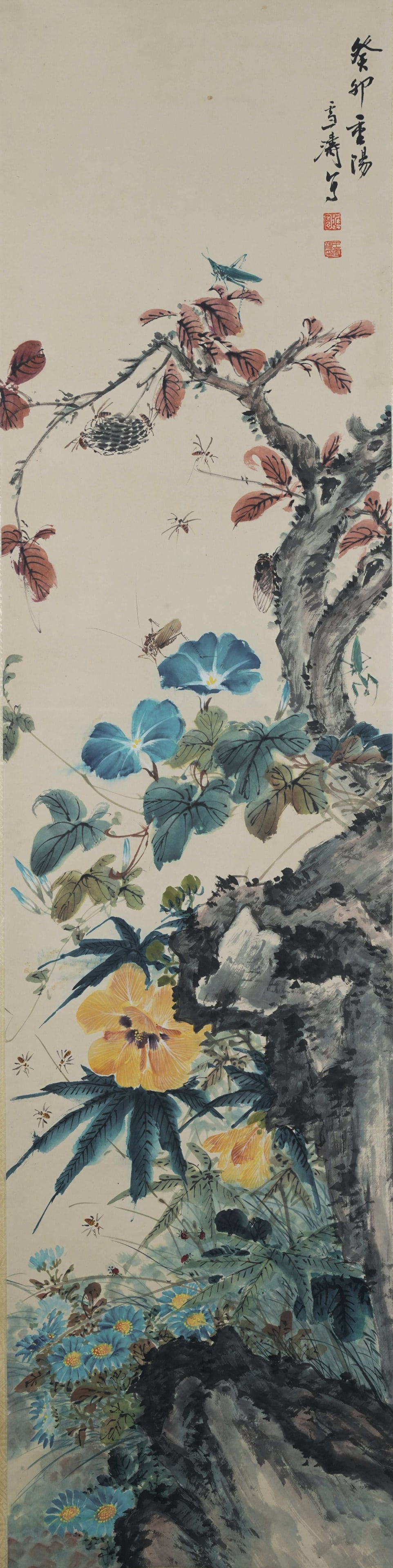 FLOWERS PAPER PAINTING BY WANG XUETAO.王雪涛: Vertical colored flower-and-bird painting on paper by Wang Xuetao, representing his mature minor freehand painting style. Set in an autumn wilderness scene, it depicts sturdy old trees, fresh red mapl