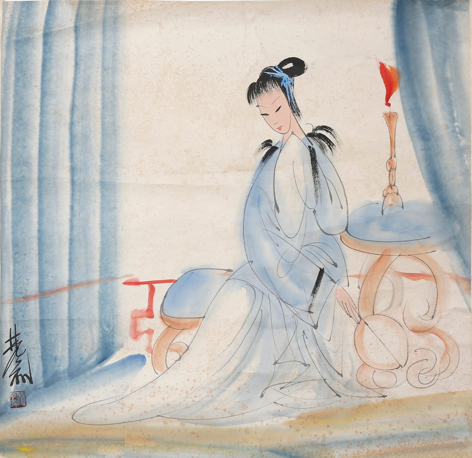 LADIES UNDER LAMP PAPER MIRROR PAINTING BY LIN FENGMIAN.林风眠: Indoor Lady Scene by Lamplight: The lady is dressed in pale blue gauze robes with a gentle and graceful posture, bowing her head and casting soft glances. The painting features concise and fluid lines