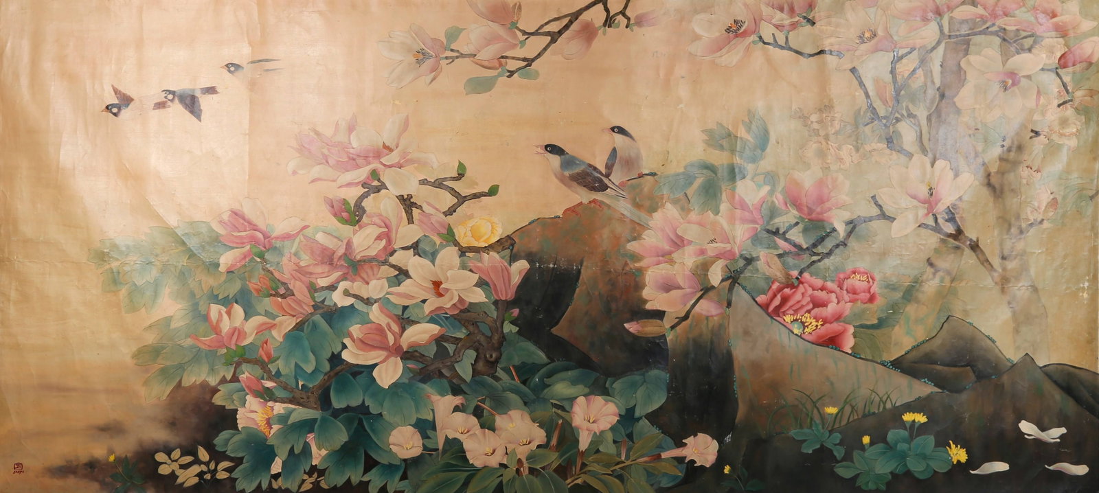NOBLE PROSPERITY CLOTH OIL PAINTING TWELVE FEET SIZE BY CHANG YU.常玉: Renowned in Paris as the Oriental Matisse, Sanyu created this rare full-view grand floral masterpiece in his prime, breaking his usual practice of painting small still lifes. As an extremely rare gian