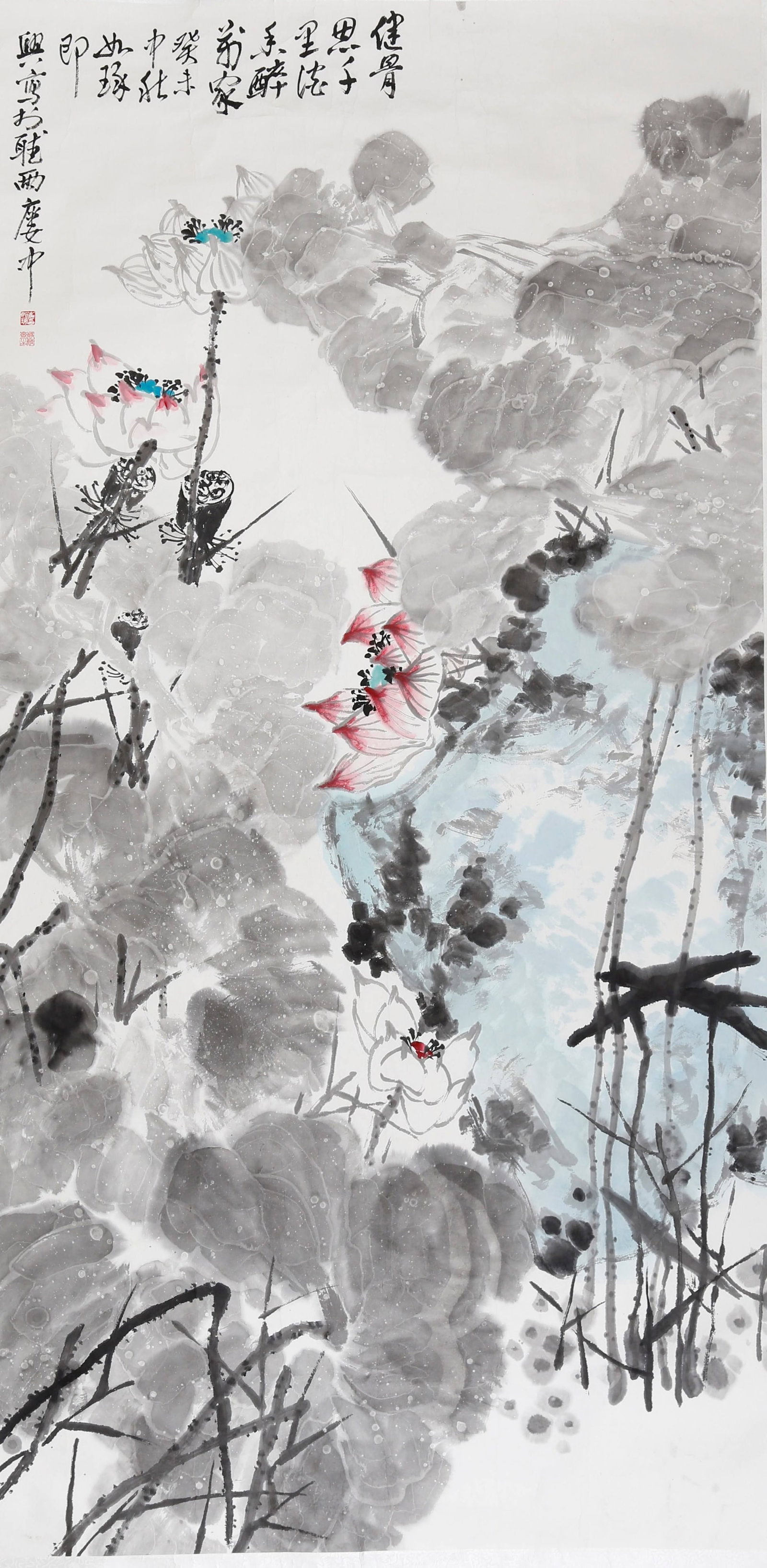 LOTUS BREEZE EIGHT FEET HUGE INK LOTUS HANGING SCROLL BY CUI RUZHUO.崔如琢: This is an eight-foot huge vertical scroll of ink lotus, depicting lotus pond scenery in unrestrained freehand brushwork, and it is the supreme masterpiece of his iconic finger ink lotus theme. Adopti
