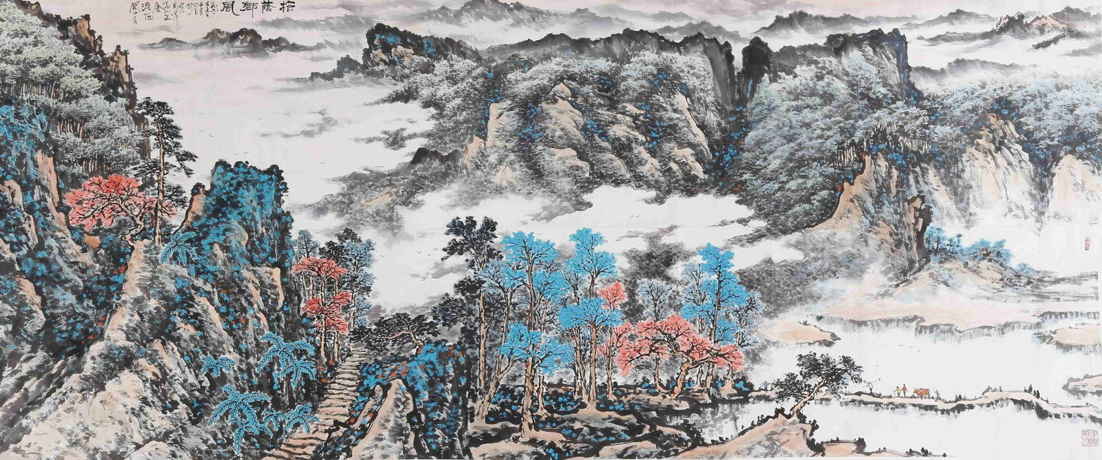 COUNTRY STYLE UNDER BANYAN TREE PAPER MIRROR PAINTING TWELVE FEET SIZE BY GUAN SHANYUE.关: This is a huge horizontal landscape painting by Guan Shanyue, grand master of the Lingnan Painting School, with the painting core measuring 353cm by 162cm, a rare oversized fine work among modern new 