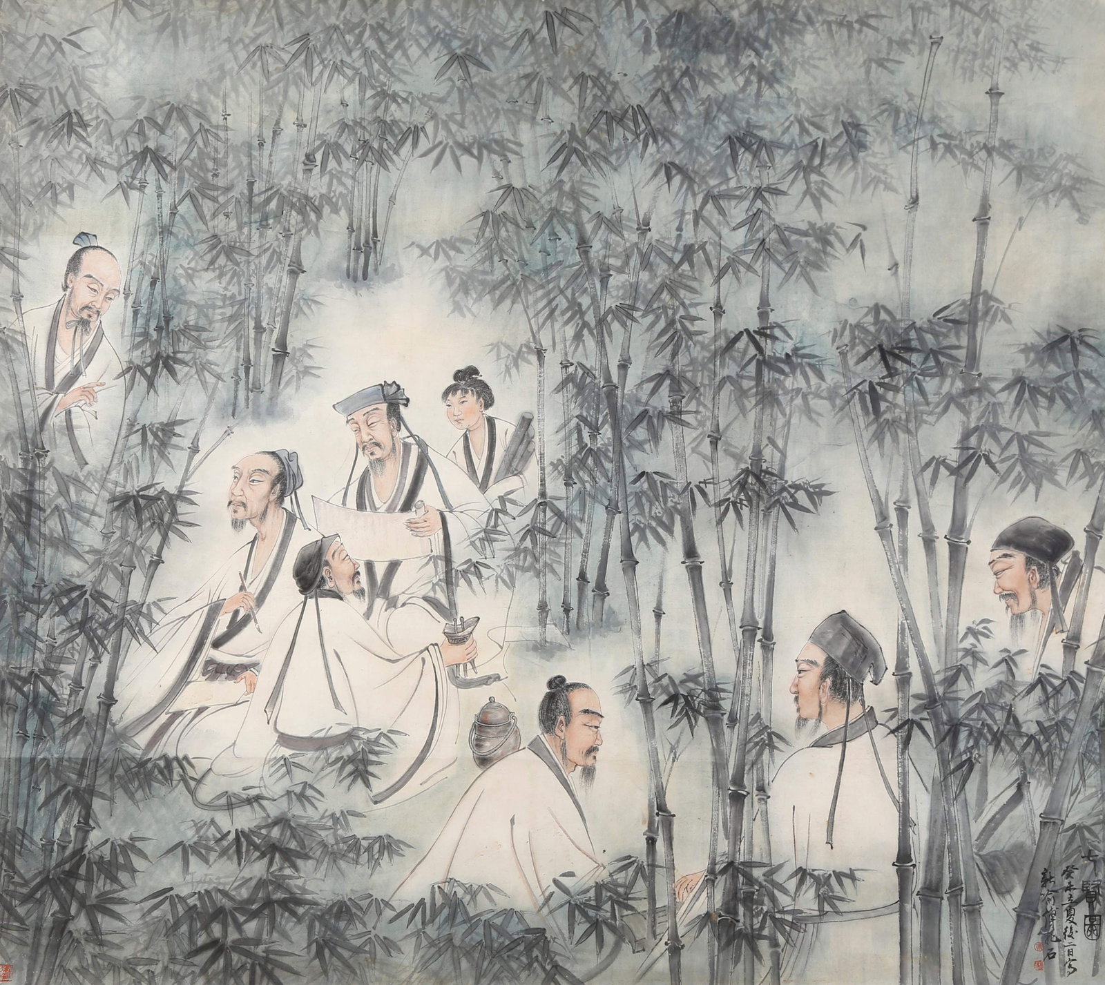 SEVEN SAGES IN BAMBOO GROVE COLOR PAPER PAINTING TWELVE FEET SIZE BY FU BAOSHI MODERN TIMES.傅: This large-scale figure and landscape work bears the signature of Fu Baoshi, a great master of modern Chinese painting. Centering on the traditional literati theme of the Seven Sages of the Bamboo Gro