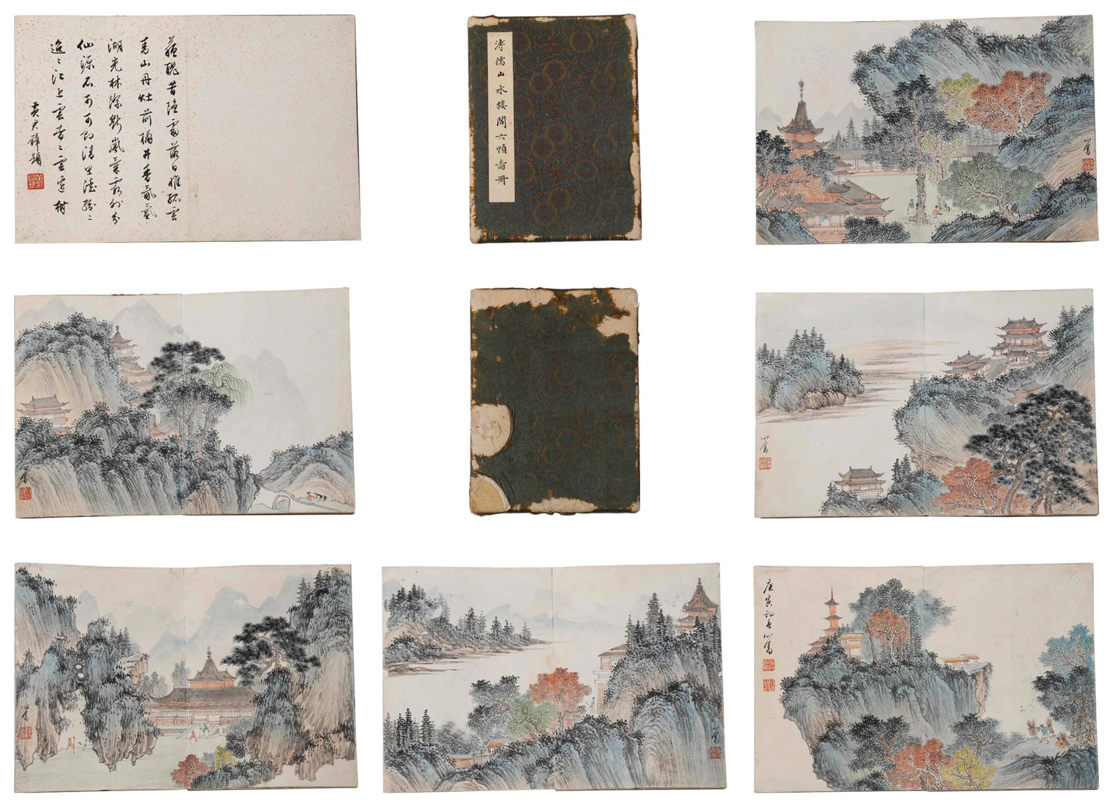 LANDSCAPE AND PAVILION SIX LEAVES PAPER ALBUM BY PU RU.溥儒: This album features classic literati landscape motifs such as layered mountains, ancient Buddhist temples, soaring waterfalls, riverside villages and wild ferries. Mountains and rocks are outlined and