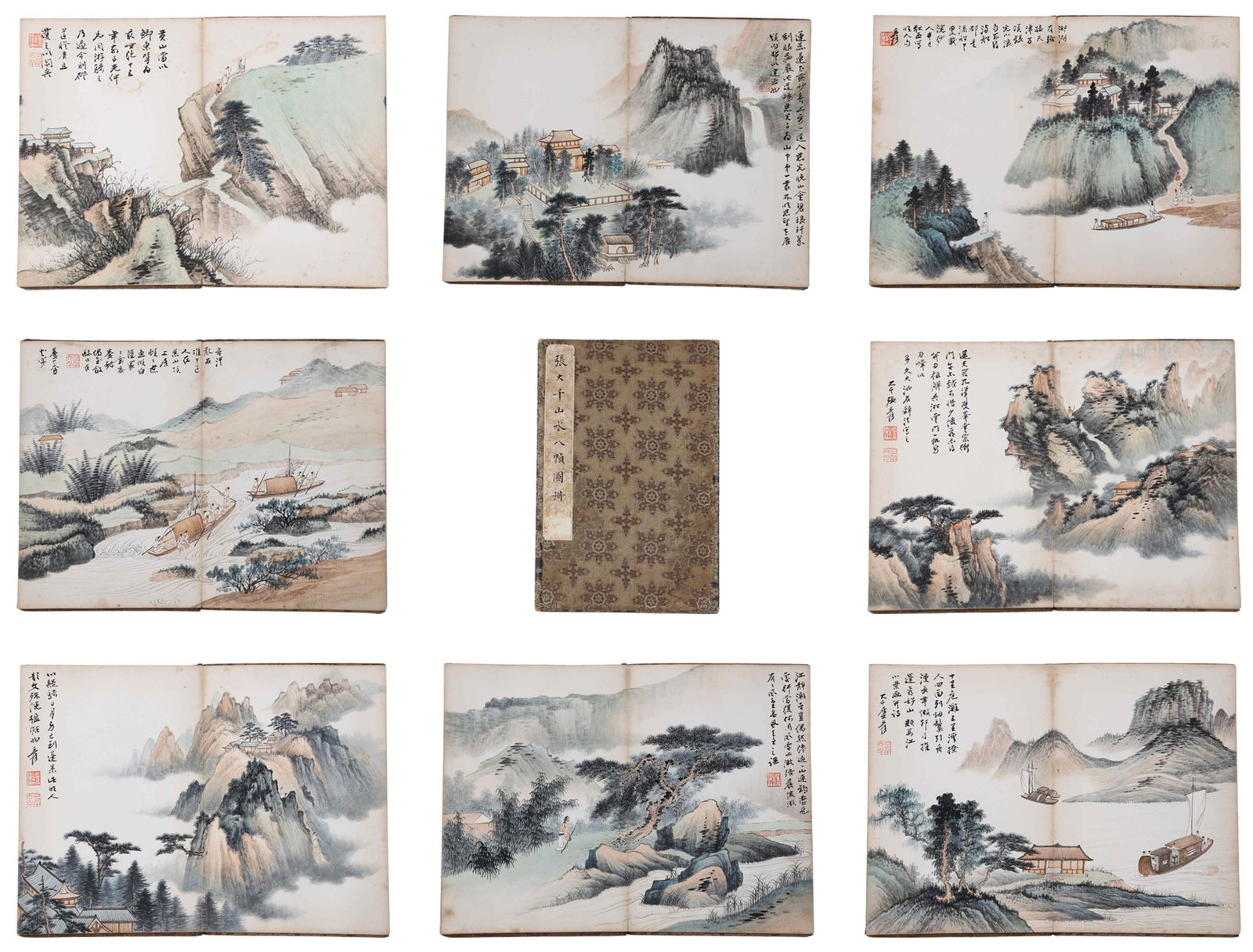 LANDSCAPE EIGHT LEAVES PAPER ALBUM BY ZHANG DAQIAN.张大千: This album consists of eight leaves depicting varied landscape views. Its themes cover classic scenic spots including Huangshan Mountain, Xin'an River and landscapes of Sichuan, ranging from magnifice