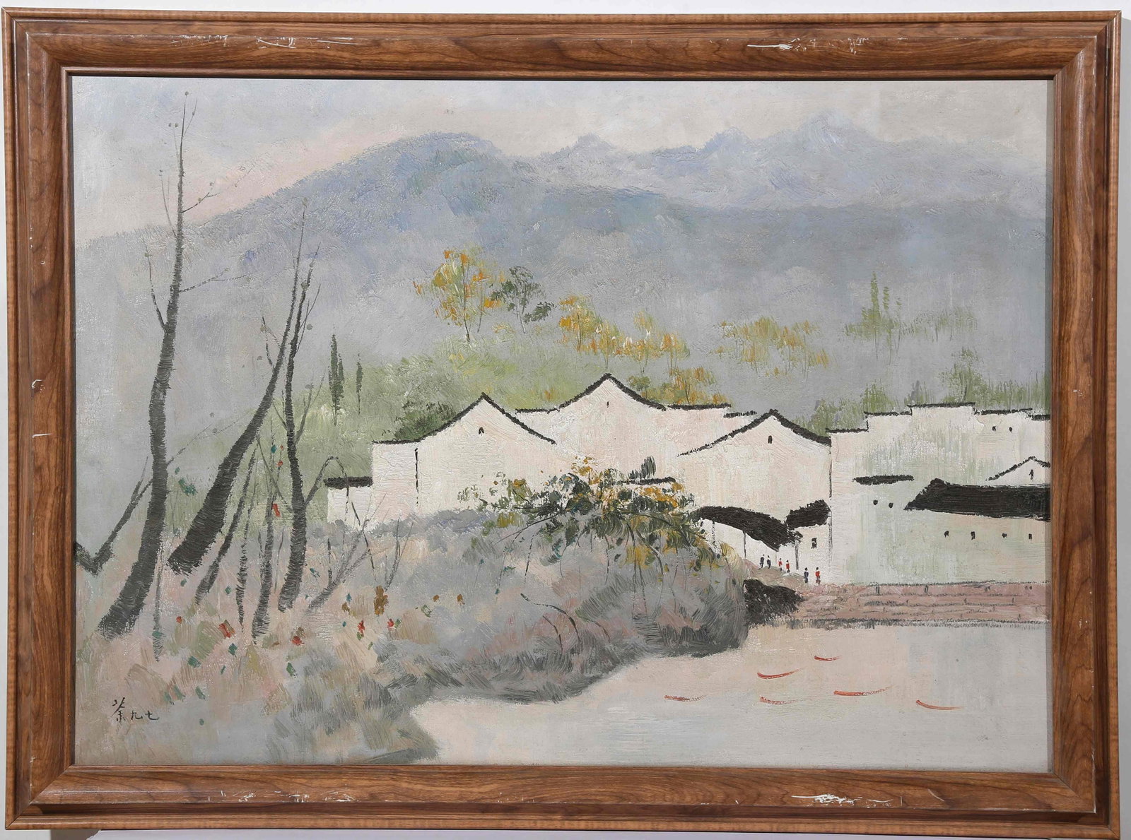 JIANGNAN WATER TOWN CLOTH OIL PAINTING PAINTED IN 1997 BY WU GUANZHONG.吴冠中: The painting presents a scenery of Jiangnan water town from a horizontal perspective. In the foreground stand several trees outlined with dry bold strokes in powerful lines. The middle ground features