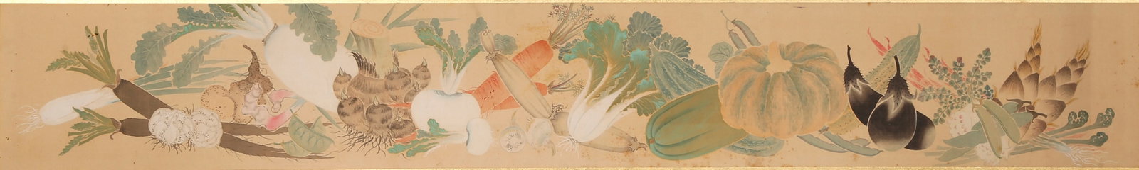 FRUITS AND VEGETABLES SILK MIRROR PAINTING FRAMED ANONYMOUS QING DYNASTY.: This hand scroll of colored fruits and vegetables by an anonymous Qing-dynasty painter is an exquisite fine-line colored flower-and-fruit masterpiece typical of the mid-Qing Dynasty, embodying both li