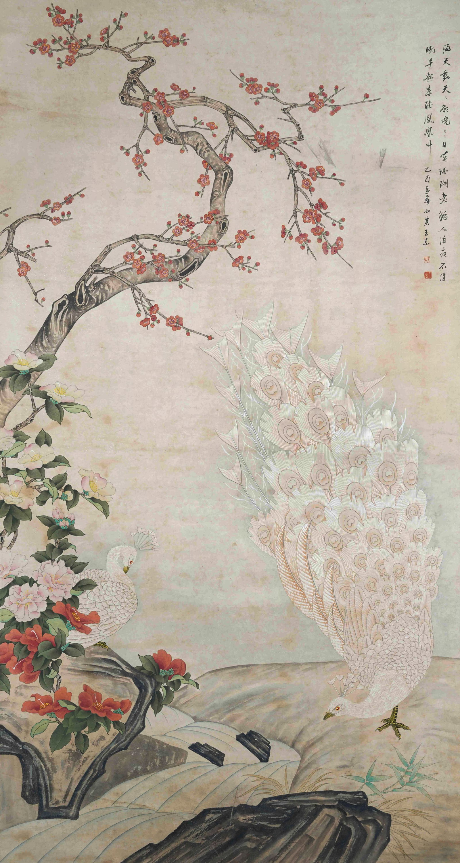 PEACOCK AND PEONY COLOR PAPER HANGING SCROLL BY WANG SU QING DYNASTY.王素: Wang Su (1794-1877), courtesy name Xiaomei, art name Xiaomou, was a representative painter of the Yangzhou School in the Qing Dynasty. He was skilled in painting flowers, birds and figures, especially