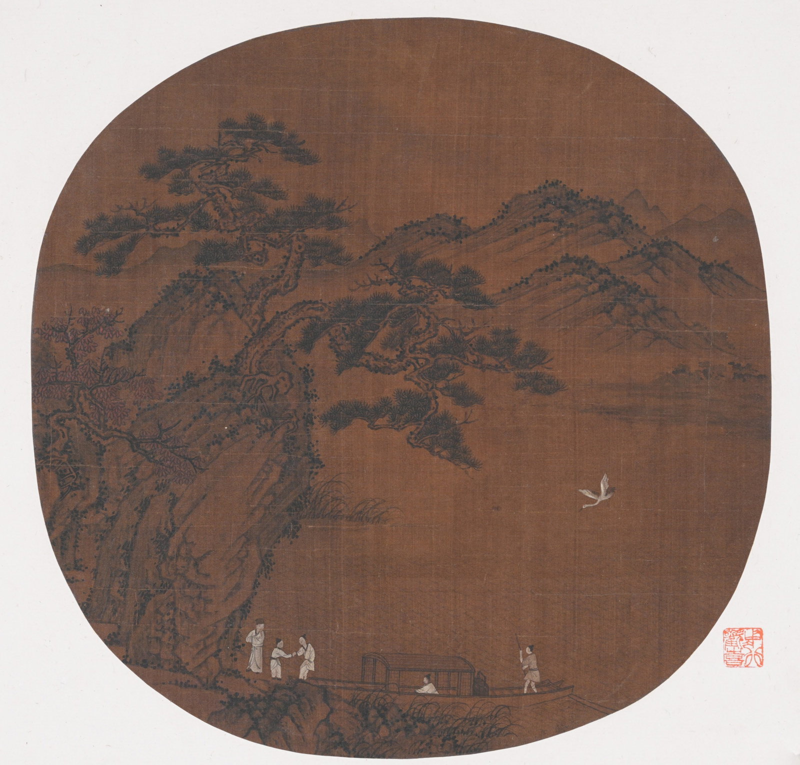 FAREWELL BY PINE STREAM SILK ROUND FAN MIRROR PAINTING ANONYMOUS SONG DYNASTY.: This is a handed-down masterpiece of Song Dynasty imperial court-style landscape and figure painting, colored on silk in the form of a round fan mounting. Combining fine brushwork and freehand techniq