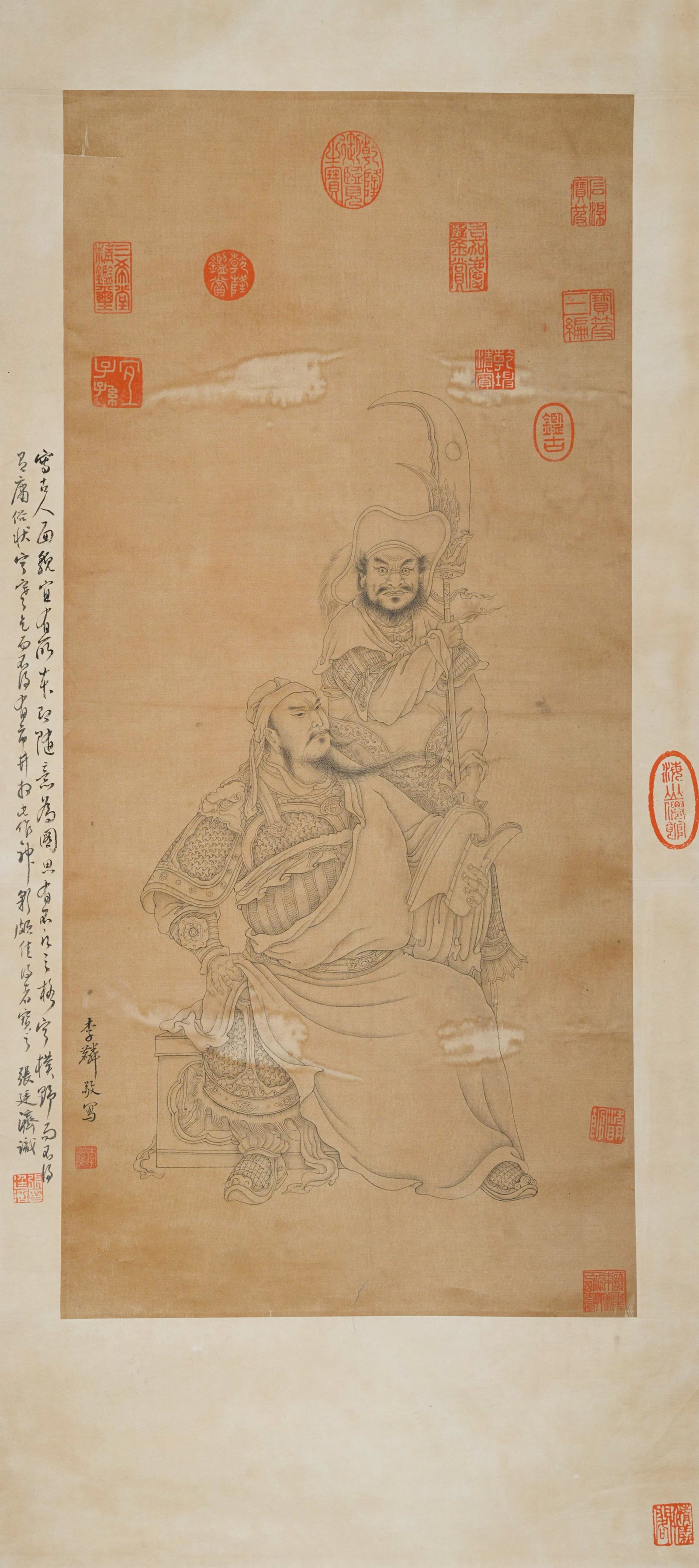 GUANYU PORTRAIT SILK HANGING SCROLL PAINTED BY LI SHAN INSCRIBED BY ZHANG TINGJI QING (1 of 8)