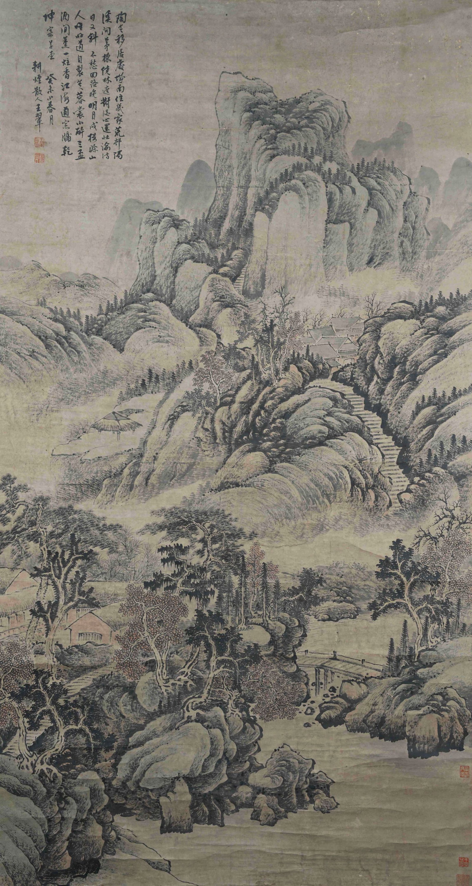 SCHOLARLY STYLE LANDSCAPE PAPER HANGING SCROLL BY WANG HUI QING DYNASTY.王翚: This exquisite colored landscape painting on paper was created by Wang Hui, leader of the Four Great Wang Painters and acclaimed as the Sage of Early Qing Painting, representing his typical mature art