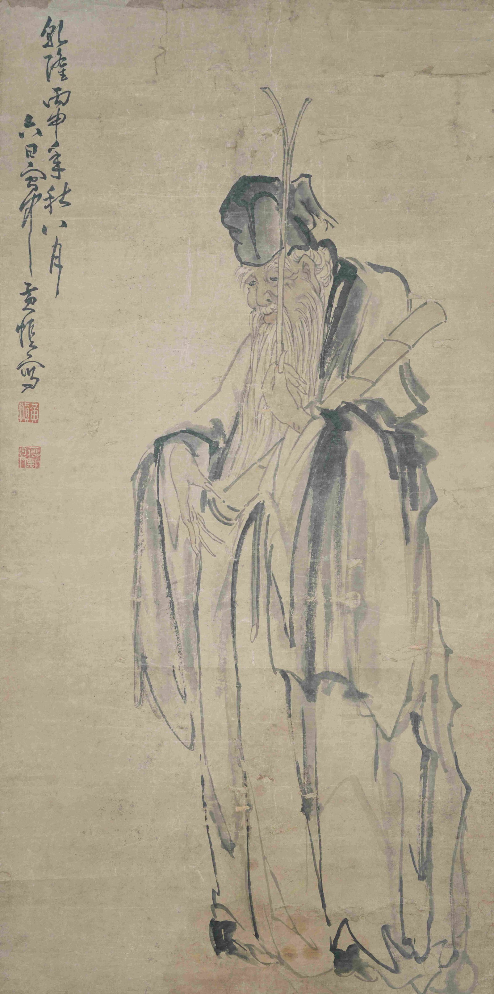 EMINENT SCHOLAR PAPER HANGING SCROLL BY HUANG SHEN QING DYNASTY.黄慎 (1 of 9)