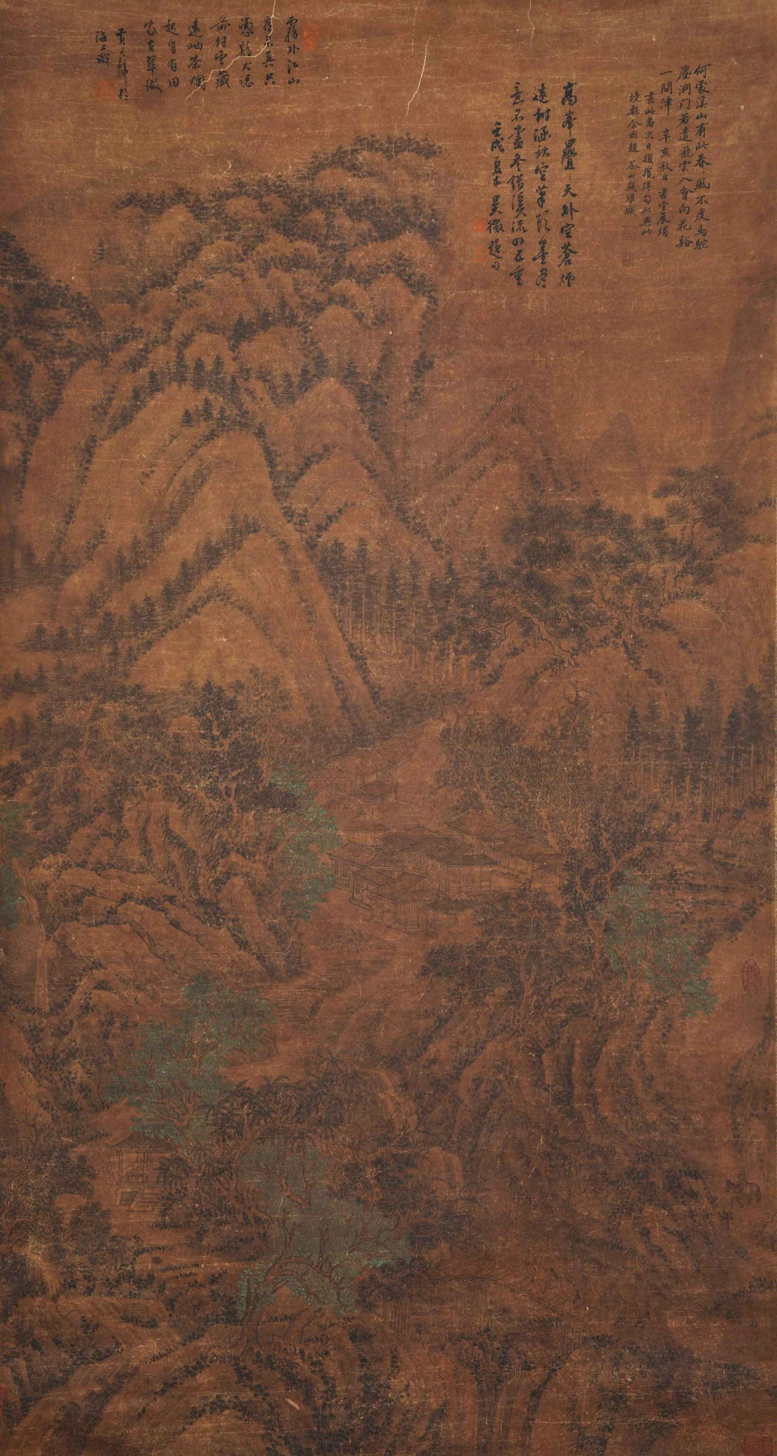 SPRING SCENERY OF STREAM AND MOUNTAIN SILK HANGING SCROLL INSCRIBED BY WU ZHENG AND HUANG JUNBI BY: This fine colored silk landscape painting was crafted by Qian Weicheng, a scholar-official painter in the Qianlong period of the Qing Dynasty. It represents his typical court landscape style and bears