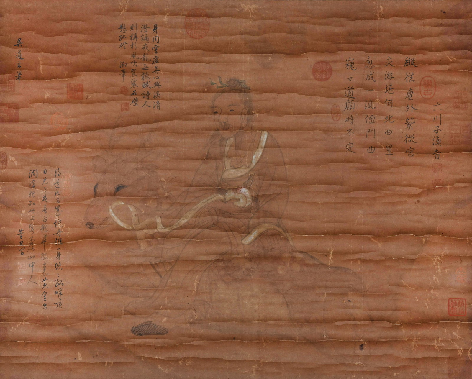 IMMORTAL RIDING DEER PAPER PAINTING BY WU DAOZI.吴道子: Immortal Riding a Deer adopts the artistic style of immortal and Buddhist figure paintings of the Tang Dynasty. Marked with natural traces of time-worn aging, it exudes strong antique aura. The core s