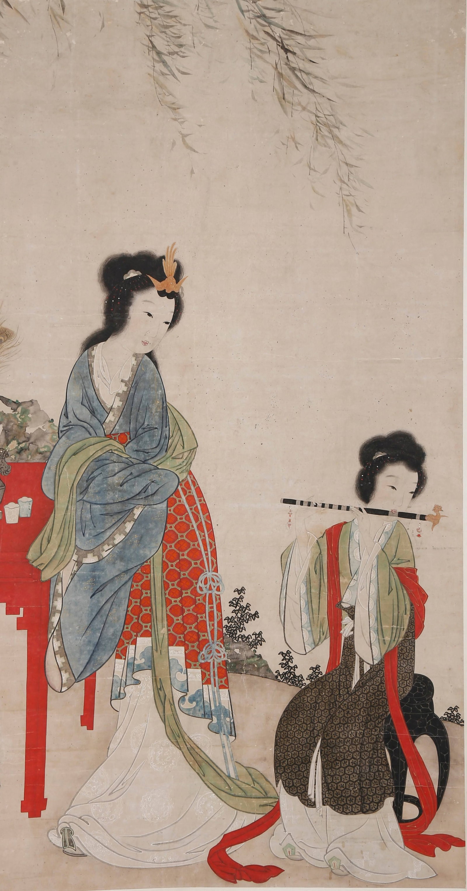 BEAUTY PLAYING XIAO PAPER PAINTING ANONYMOUS QING DYNASTY. (1 of 11)