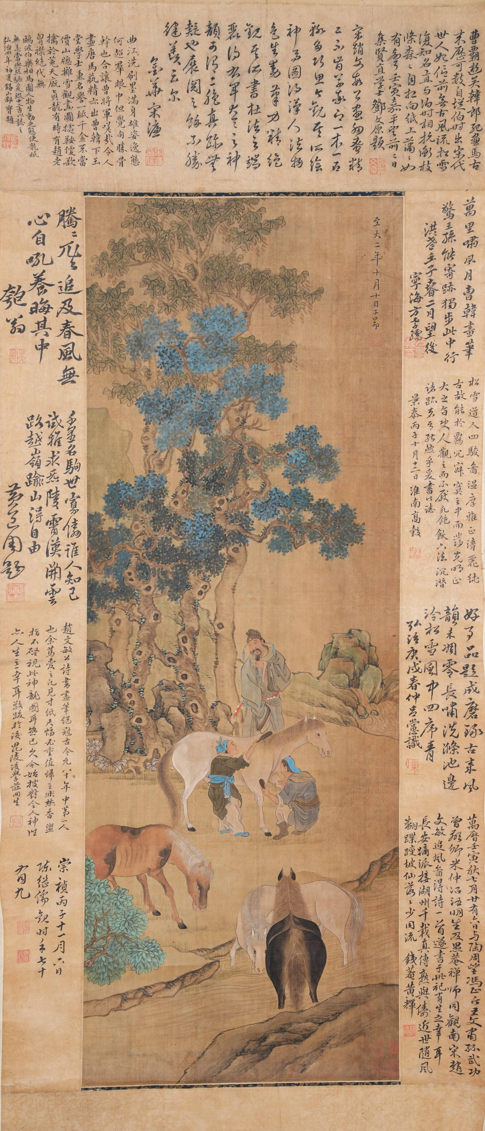 BATHING HORSES IN SUBURBAN SPRING PAPER PAINTING BY ZHAO MENGFU YUAN DYNASTY.赵孟頫: This is a handed-down classic equestrian-themed masterpiece by Zhao Mengfu, the leading master of painting and calligraphy in the Yuan Dynasty hailed as the foremost artist of his era. Executed in col