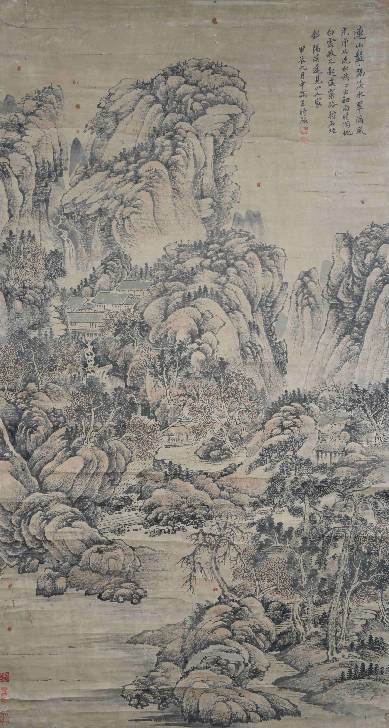 ENDLESS STREAM AND MOUNTAIN PAPER HANGING SCROLL BY WANG SHIMIN QING DYNASTY.王时敏: This exquisite ink landscape painting on paper was painted by Wang Shimin, one of the Four Wangs in the early Qing Dynasty, presenting his typical antique-copying landscape style. Designed with a high