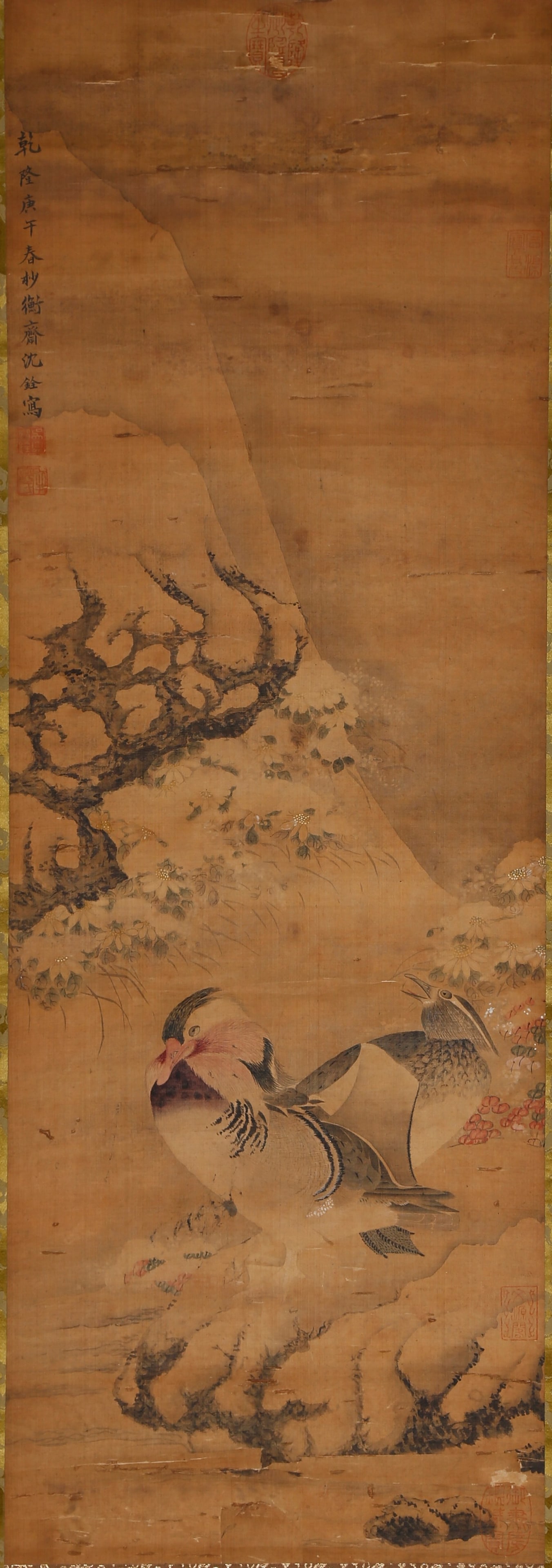 MANDARIN DUCKS ON SNOWY SHOAL COLORED SILK HANGING SCROLL BY SHEN QUAN QING DYNASTY.沈铨 (1 of 10)