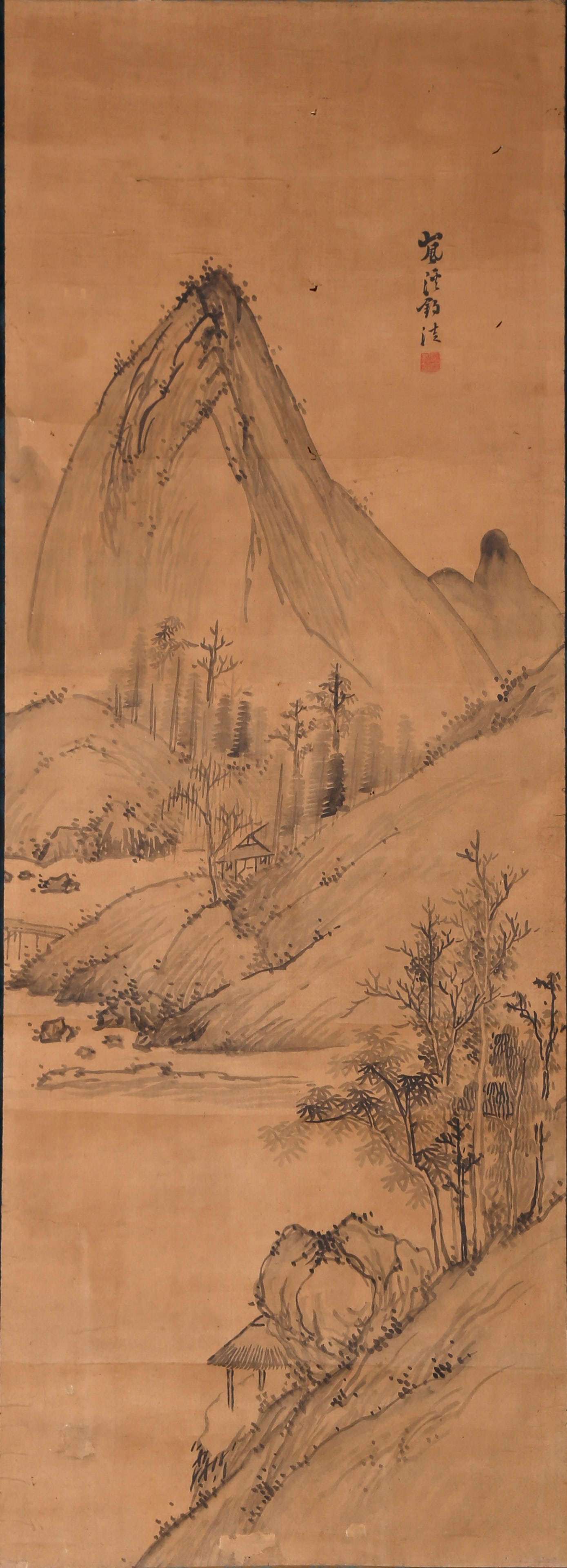 RECLUSE DWELLING IN STREAM MOUNTAIN INK SILK HANGING SCROLL BY ZHANG QUAN QING DYNASTY.张 (1 of 11)