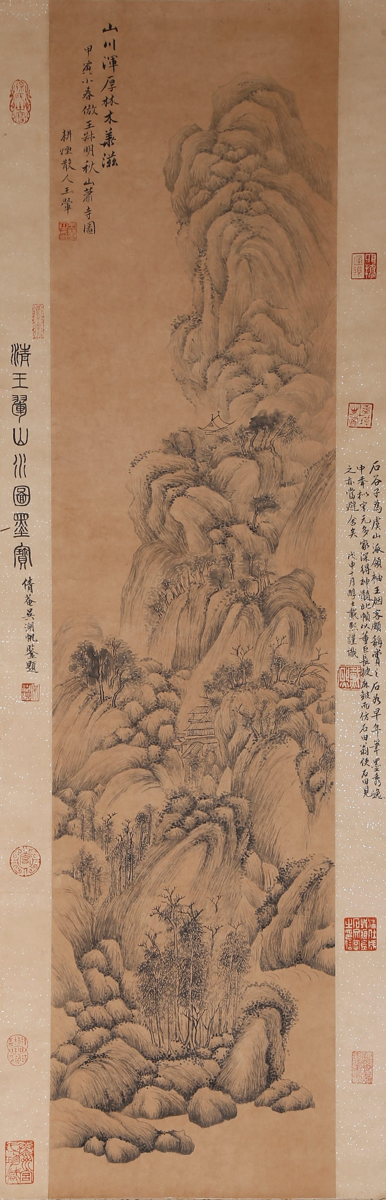 MASSIVE MOUNTAINS AND RIVERS LANDSCAPE HANGING SCROLL BY WANG HUI QING DYNASTY.王翚: This vertical ink landscape scroll was painted by Wang Hui (Shigu), a leading master of early Qing painting and one of the Four Wangs. Drawing lessons from painters of the Song and Yuan dynasties, it 