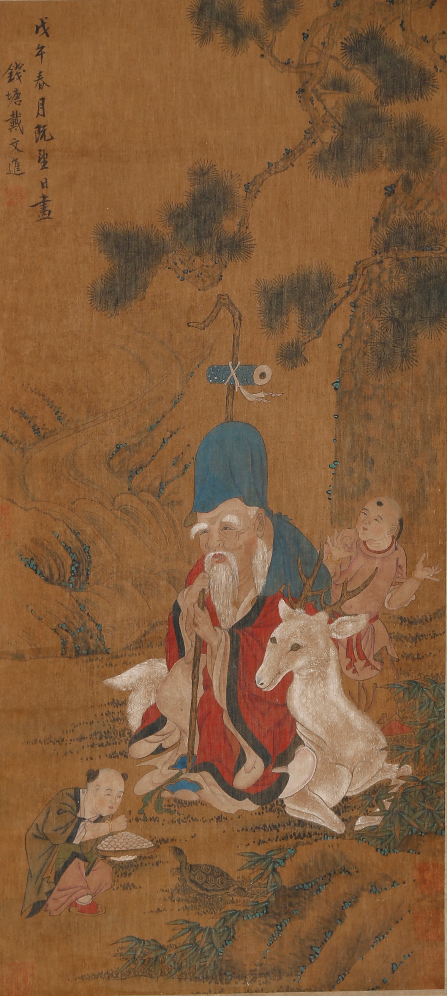 IMMORTAL GOD OF SOUTH POLE SILK HANGING SCROLL BY DAI WENJIN MING DYNASTY.戴文进 (1 of 11)