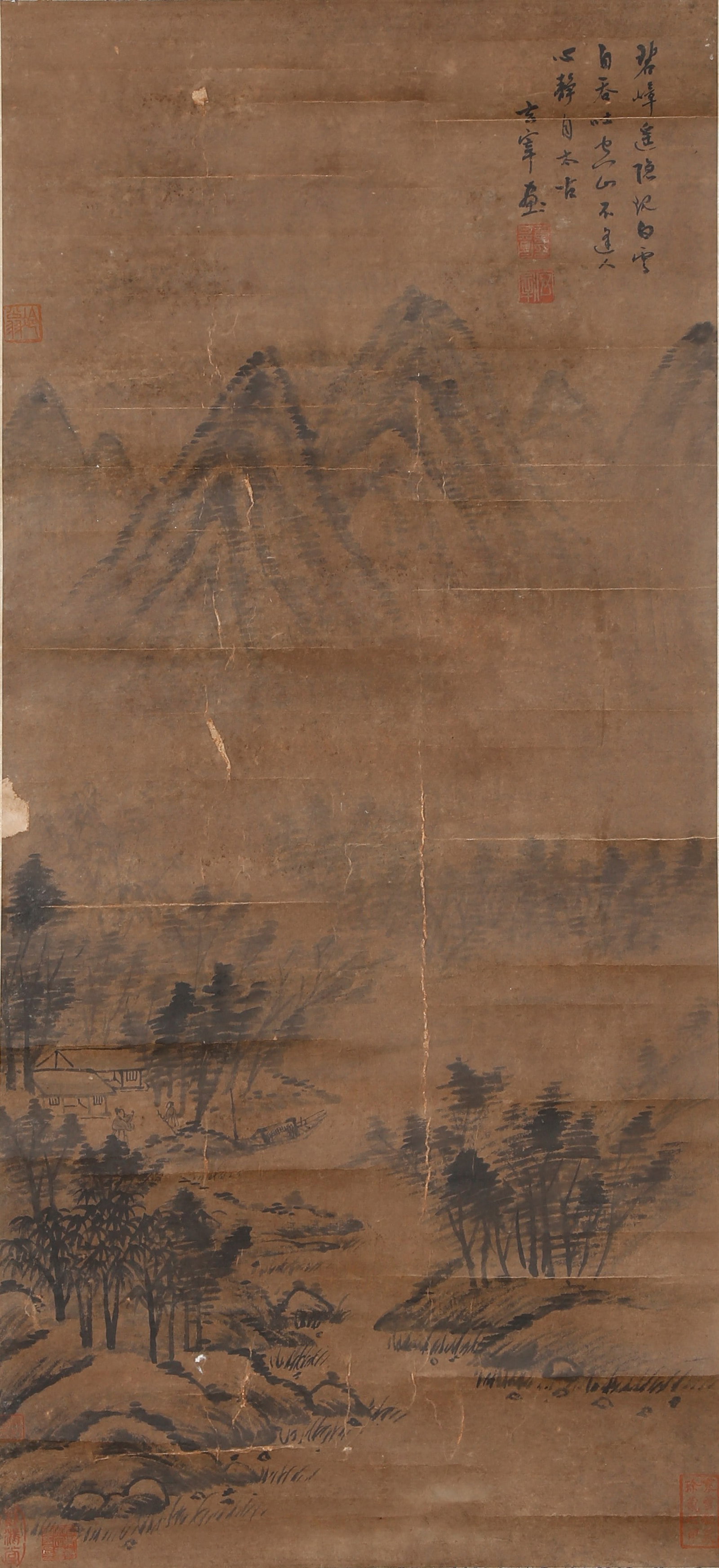 GREEN PEAKS AND WHITE CLOUDS HANGING SCROLL BY DONG QICHANG MING DYNASTY.董其昌: This vertical ink landscape scroll bears the signature of Dong Qichang, the patriarch of the Ming painting circle, featuring the typical literati landscape style of the Songjiang School and reflecting
