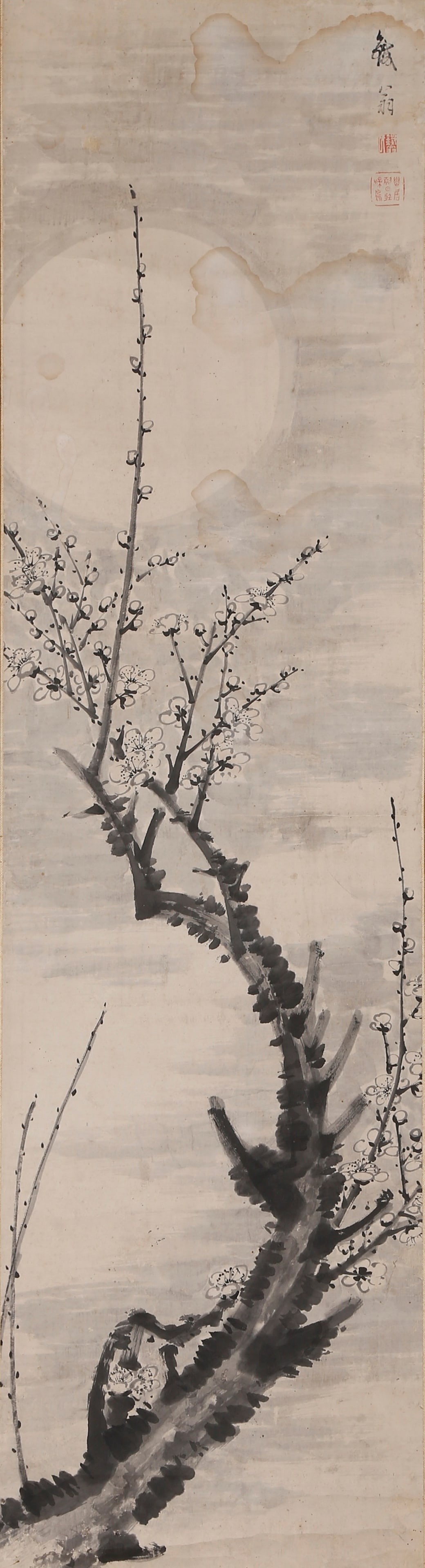 INK PLUM BLOSSOMS UNDER MOON PAPER HANGING SCROLL BY TIE WENG QING DYNASTY.铁翁: This Ink Plum Blossoms under the Moon was painted by Tie Weng, the celebrated monk-painter of the Qing Dynasty. It is a fine classic ink plum work infused with Zen sentiment and literati elegance. Ins
