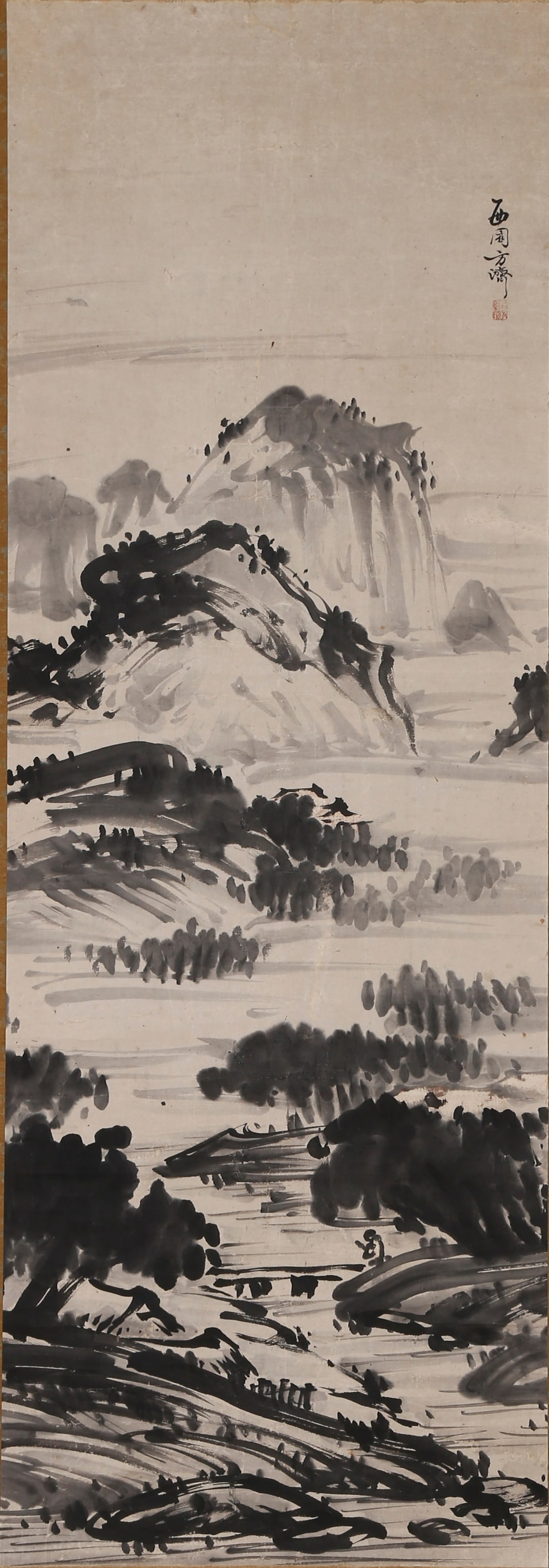 DISTANT STREAM AND MOUNTAIN SCENERY COLORED PAPER PAINTING BY FANG JI QING DYNASTY.方济: This exquisite ink landscape painting was created by Fang Ji, art name Xiyuan, a Chinese painter residing in Japan during the Qianlong reign of the Qing Dynasty. It is his representative work integrat