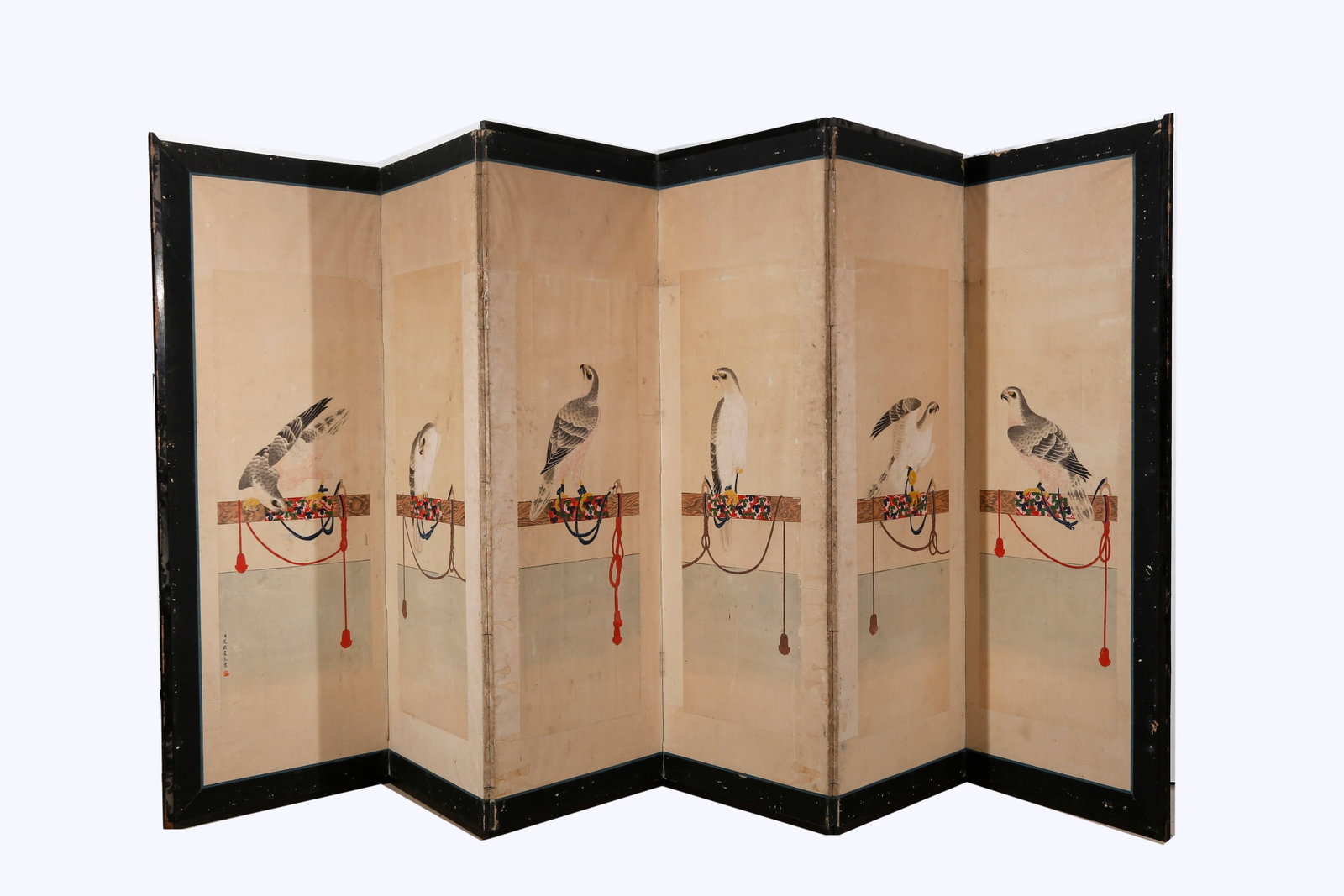 IMPERIAL EAGLE PAINTING SIX-PANEL LARGE SCREEN BY IGNATIUS SICHELBART QING DYNASTY.艾启: Ignatius Sichelbart (1708-1780), born in Bohemia (now the Czech Republic), was a Jesuit missionary. He arrived in China in 1745 during the Qianlong reign and worked in the Imperial Painting Academy. T