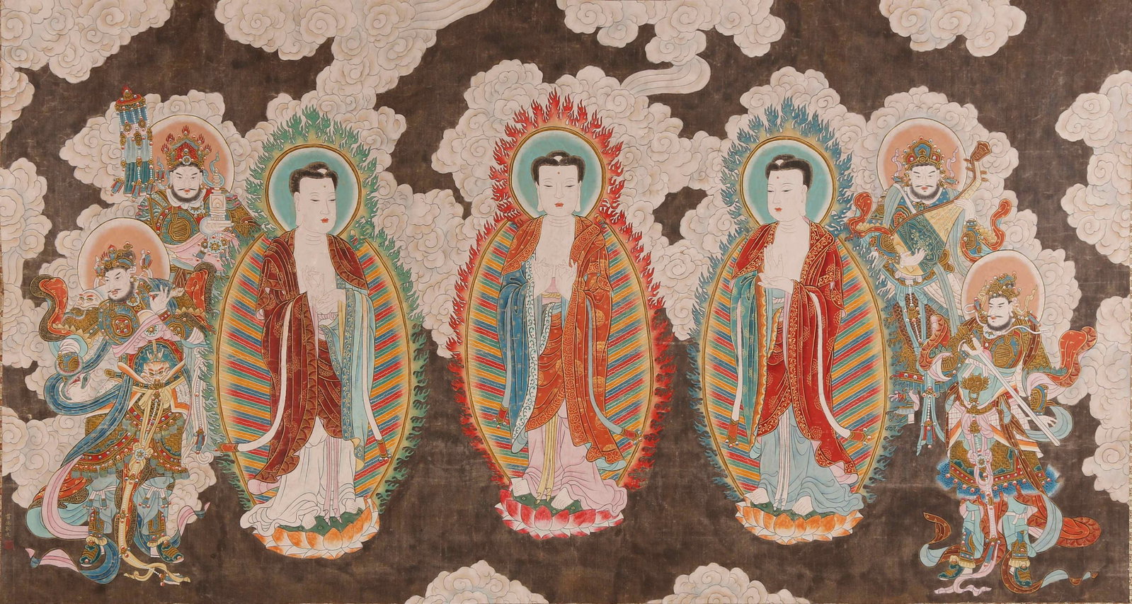 THREE SAINTS OF WESTERN PARADISE AND DHARMA PROTECTORS EIGHT-FOOT GIANT SILK BUDDHIST PAINTING BY (1 of 11)