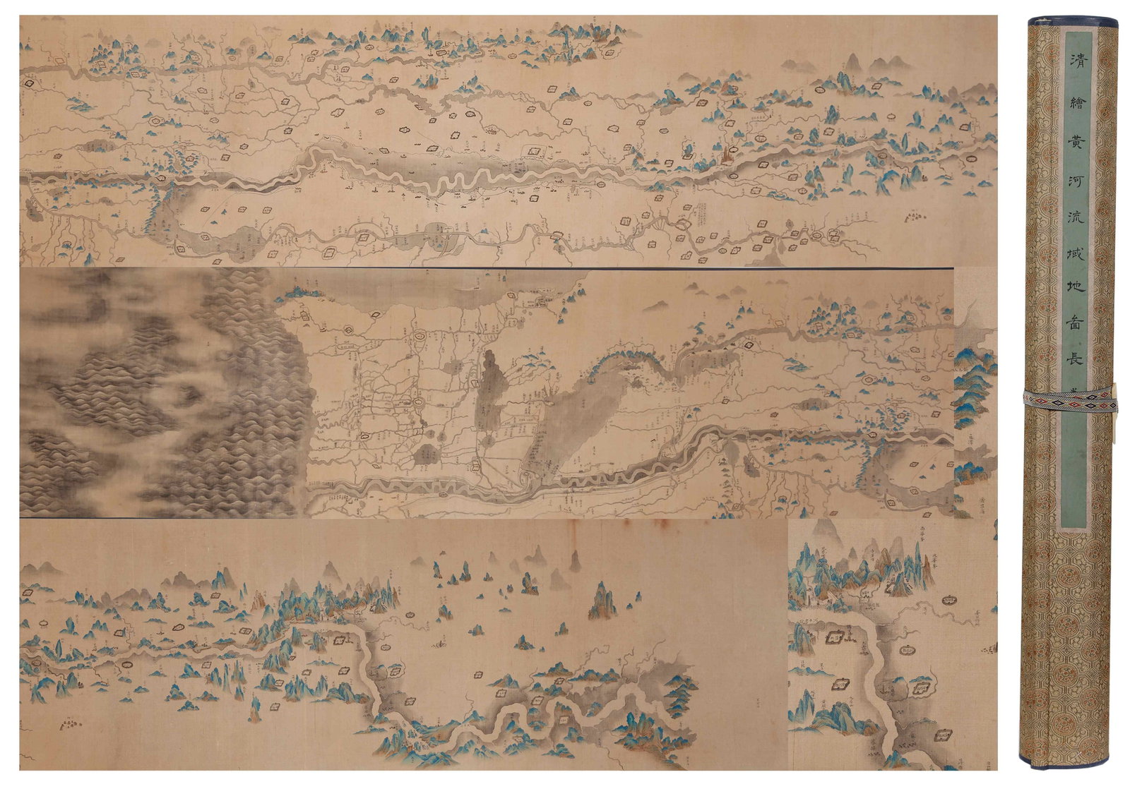 PAINTED MAP OF YELLOW RIVER BASIN LONG SCROLL QING DYNASTY.: This painted long scroll Map of the Yellow River Basin of the Qing Dynasty is a precious historical document that integrates geographical surveying, blue-green landscape art and river conservancy reco