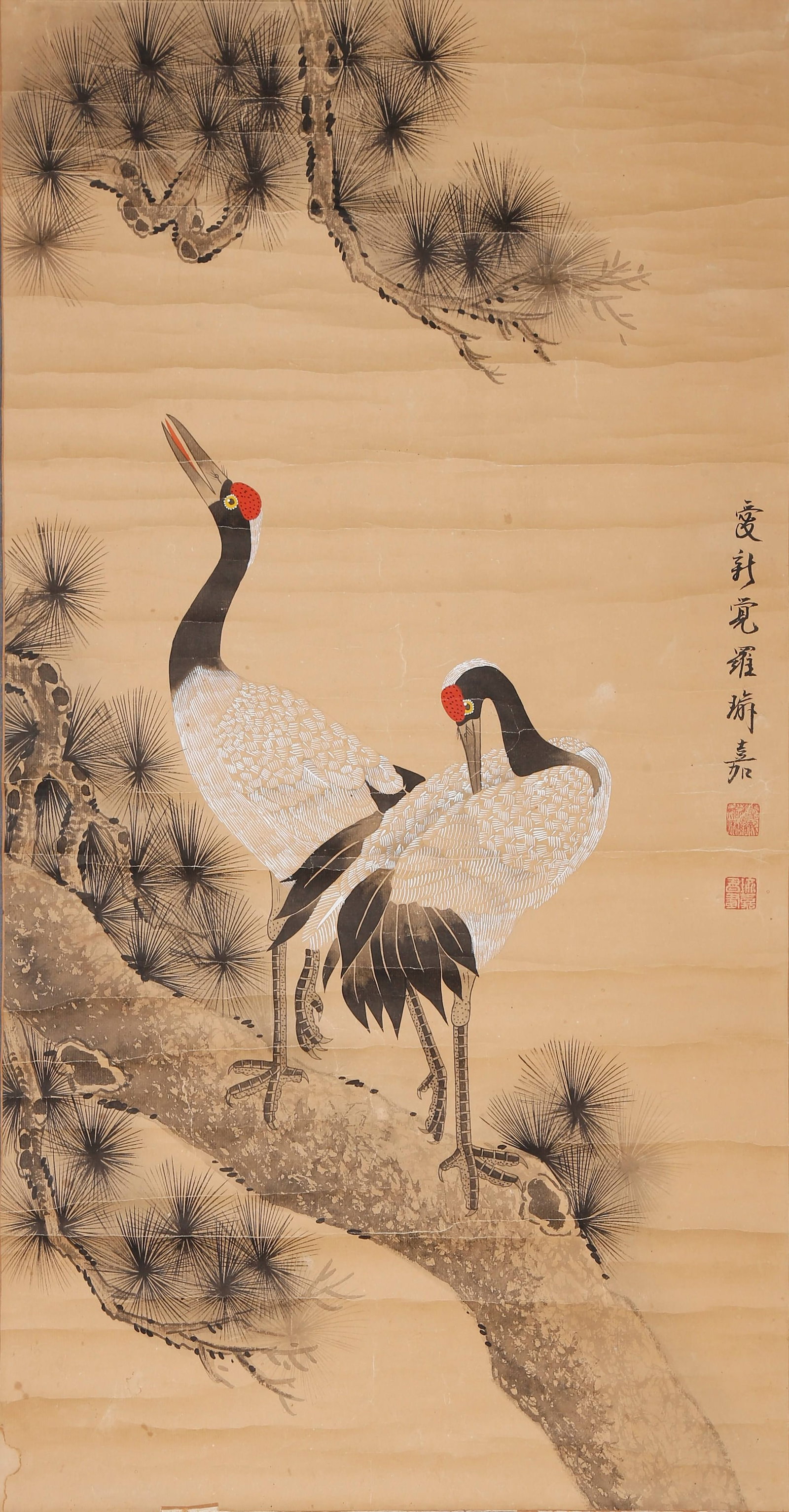 PINE AND CRANE SYMBOLIZING LONGEVITY PAPER HANGING SCROLL BY AISIN GIORO YUJIA.瑜嘉: This vertical scroll themed with pine trees and cranes was painted by Aisin-Gioro Yujia, a painter of the Qing imperial clan. It is a classic relic of flower-and-bird paintings in the style of the Qin